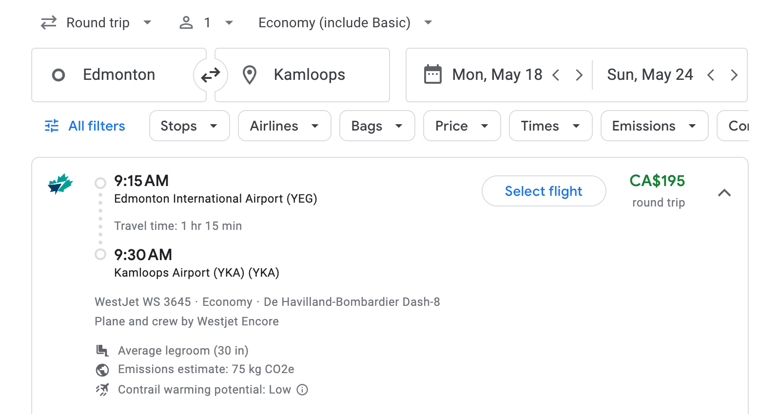 Flight options for Kamloops