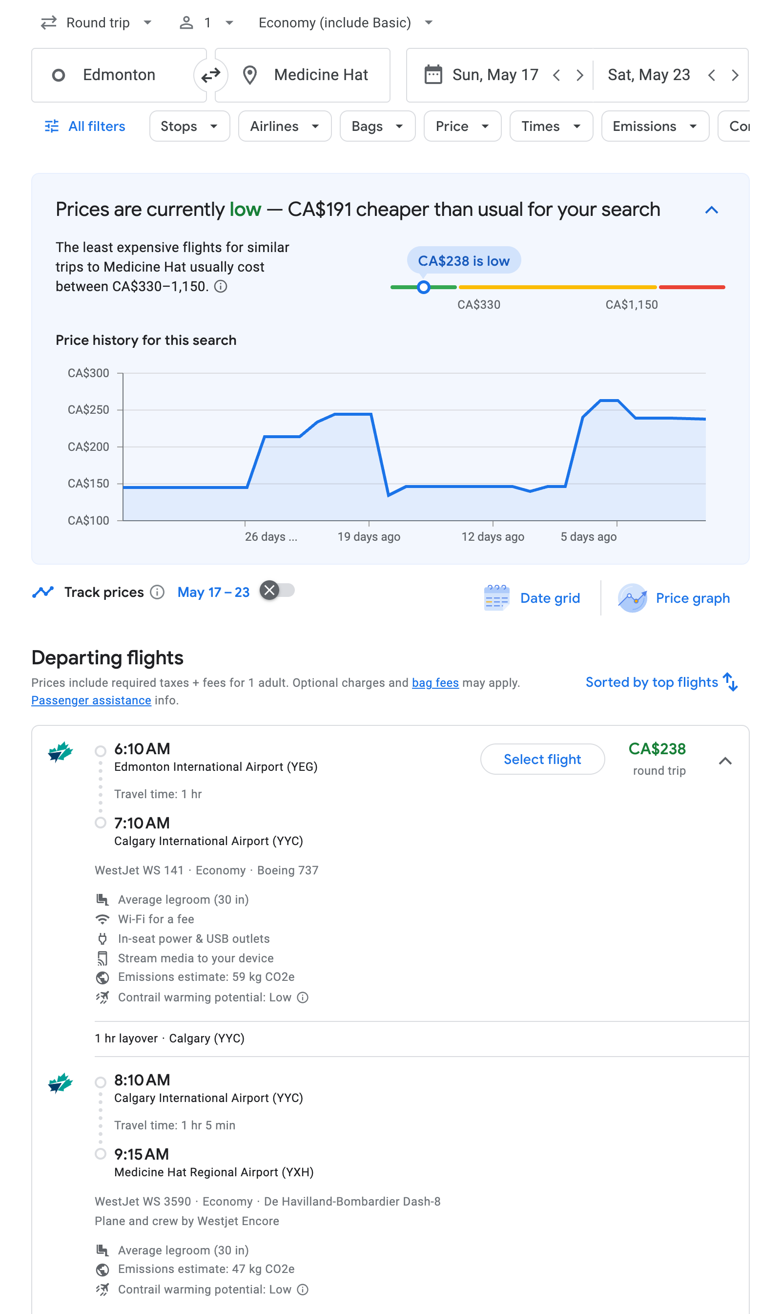 Flight options for Medicine Hat