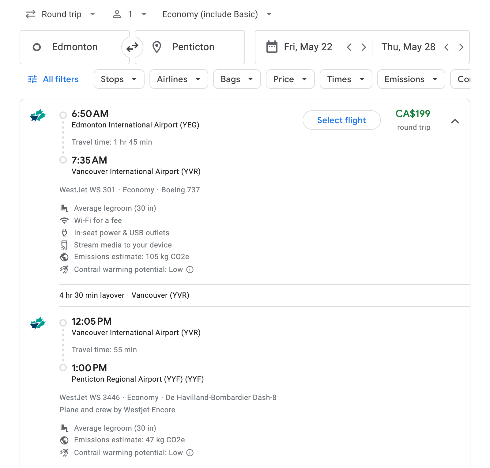 Flight options for Penticton