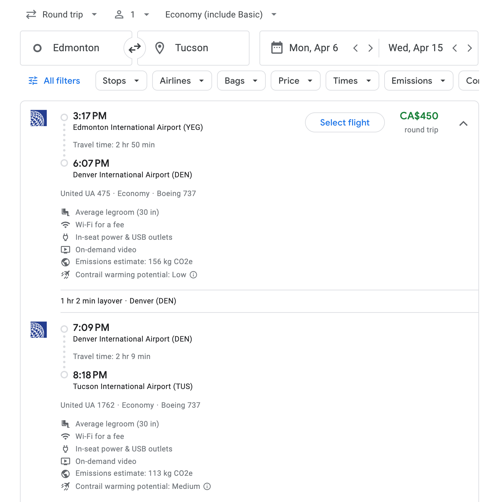 Flight options for Tucson