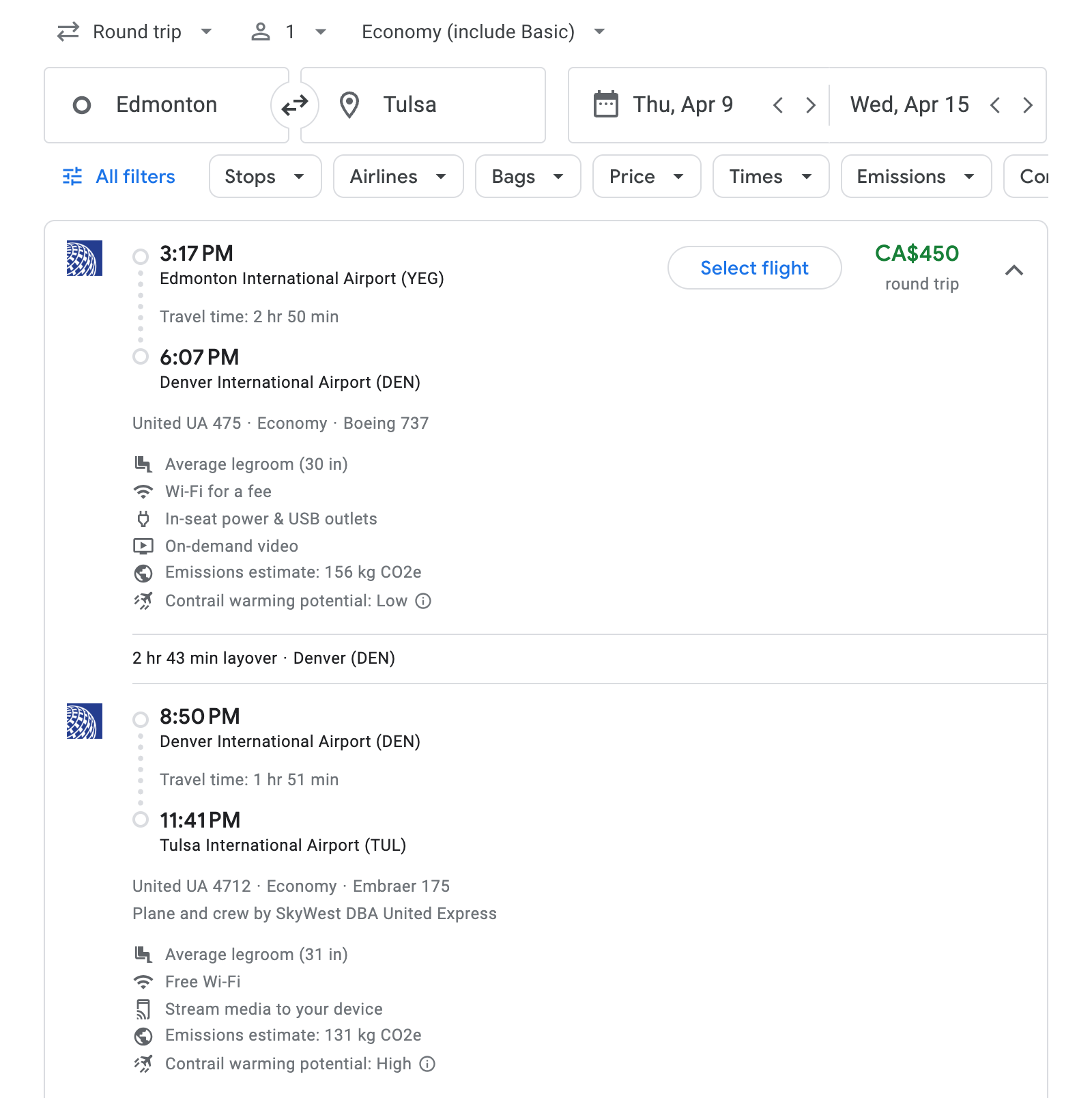 Flight options for Tulsa