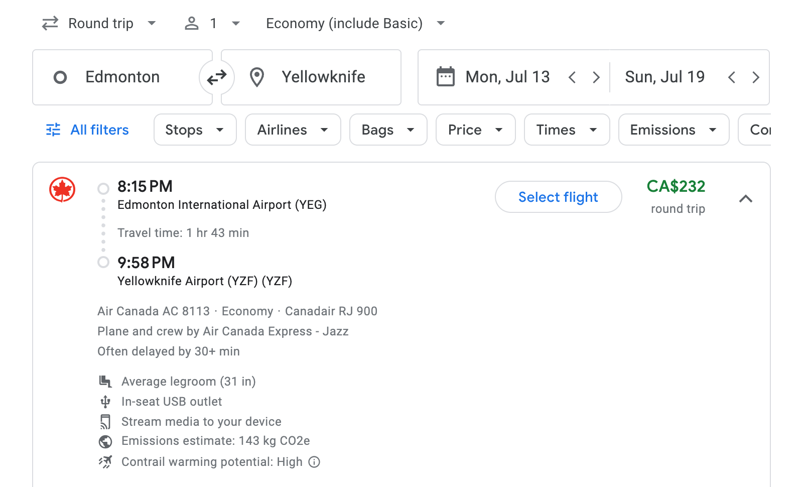 Flight options for Yellowknife