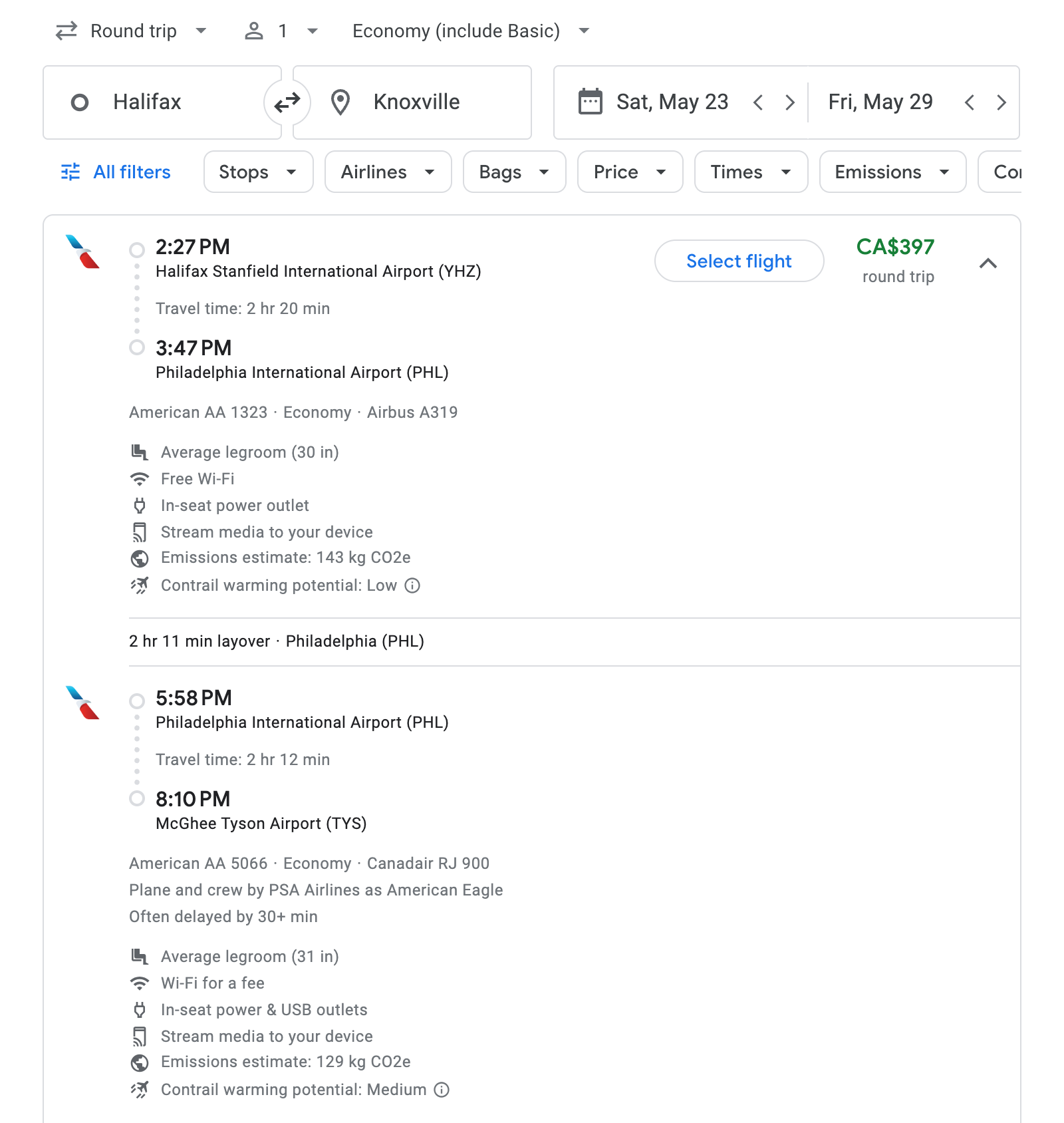 Flight options for Knoxville