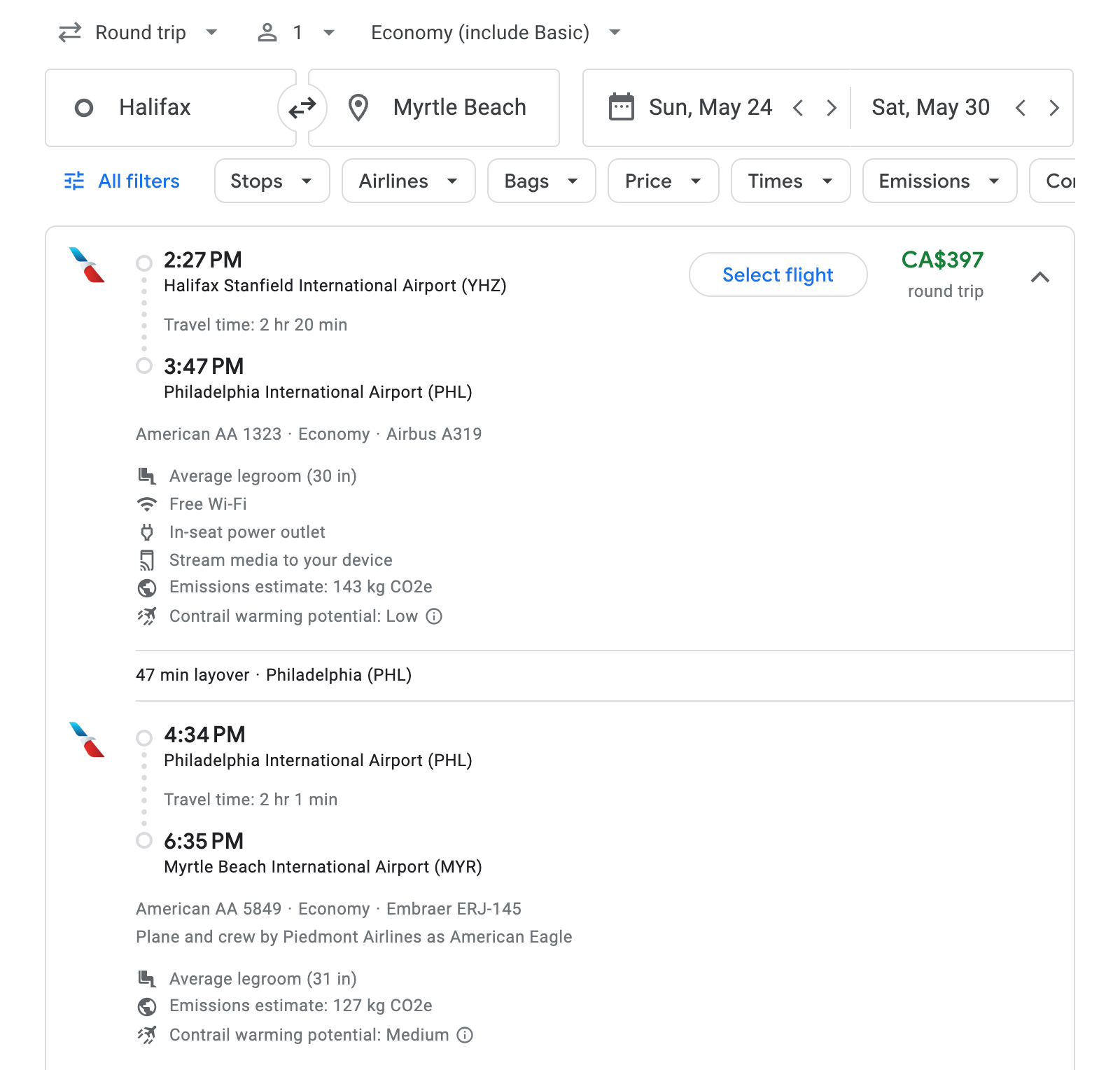 Flight options for Myrtle Beach