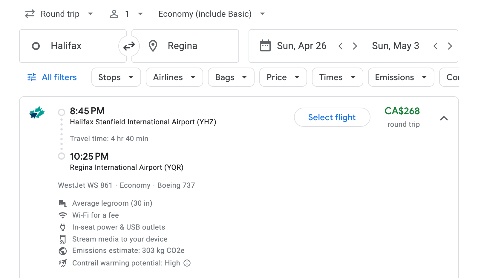 Flight options for Regina