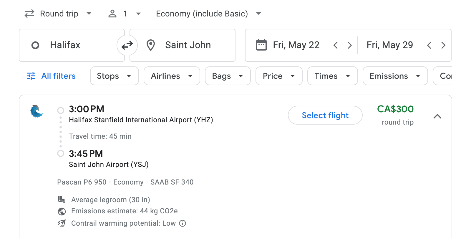 Flight options for Saint John