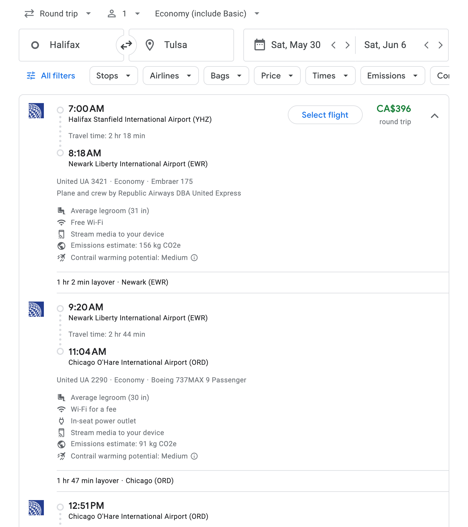 Flight options for Tulsa