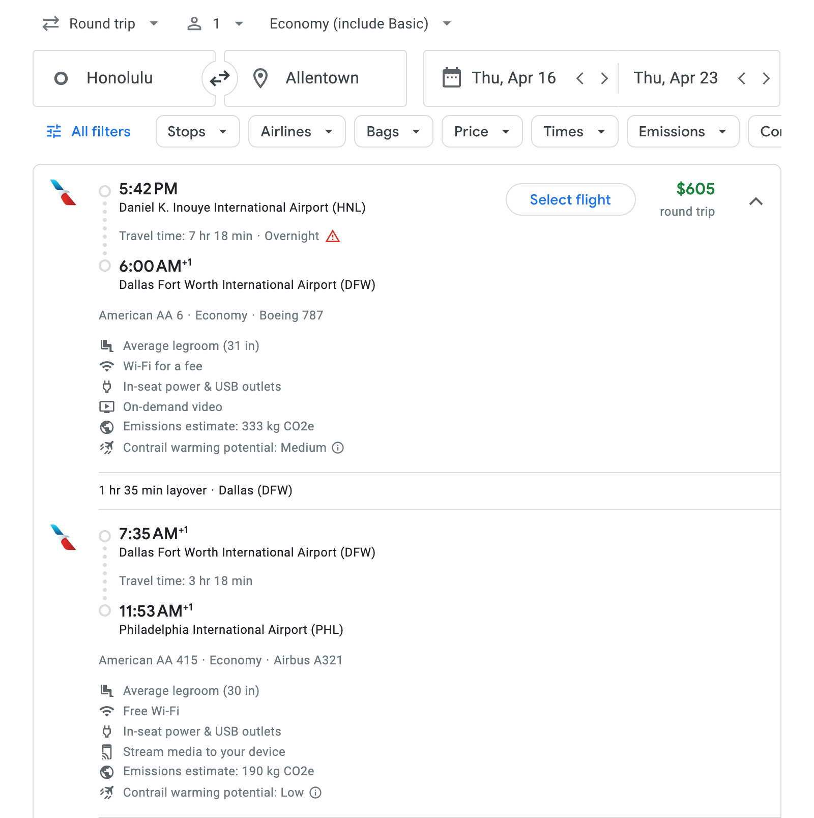 Flight options for Allentown