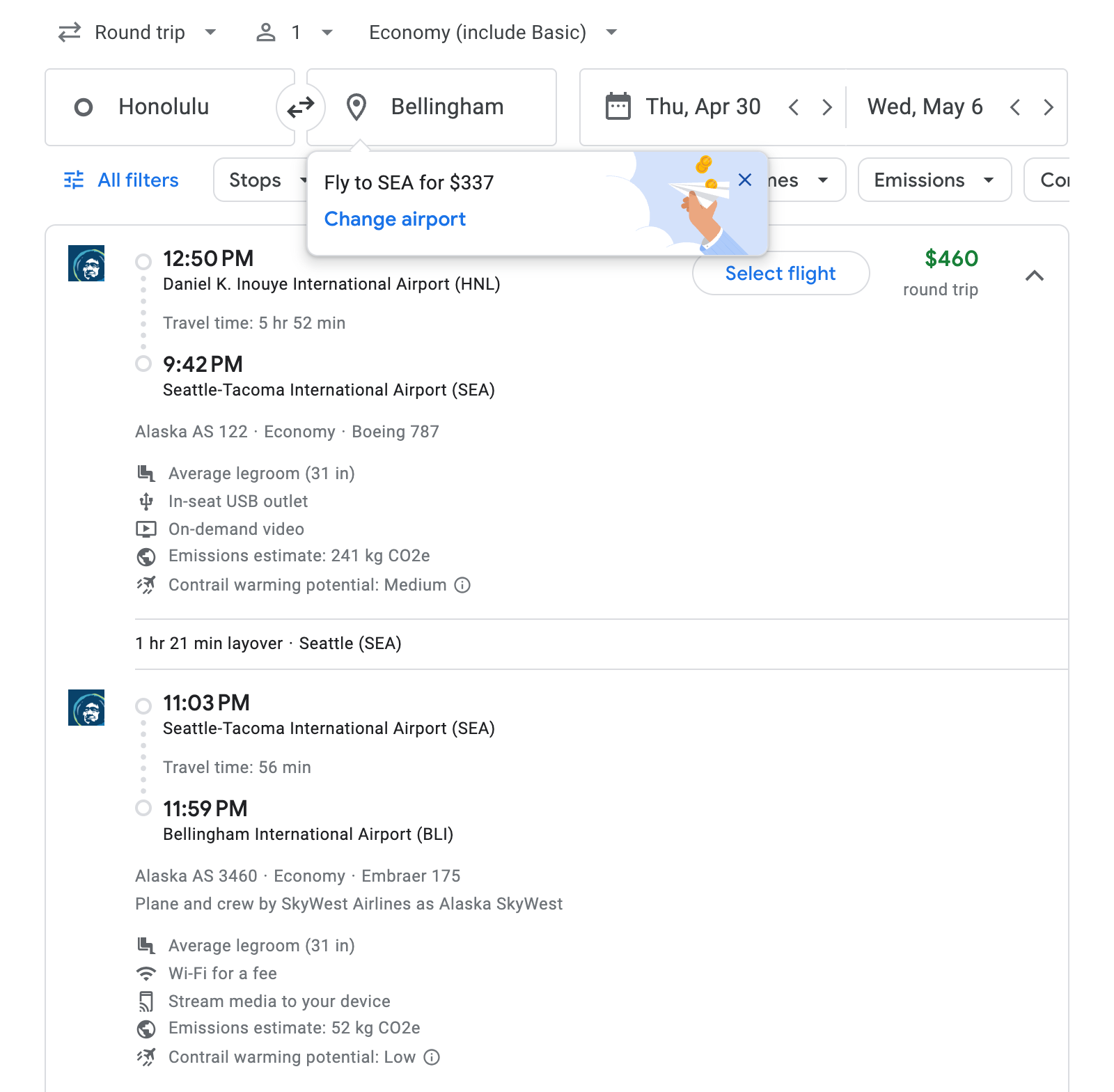 Flight options for Bellingham
