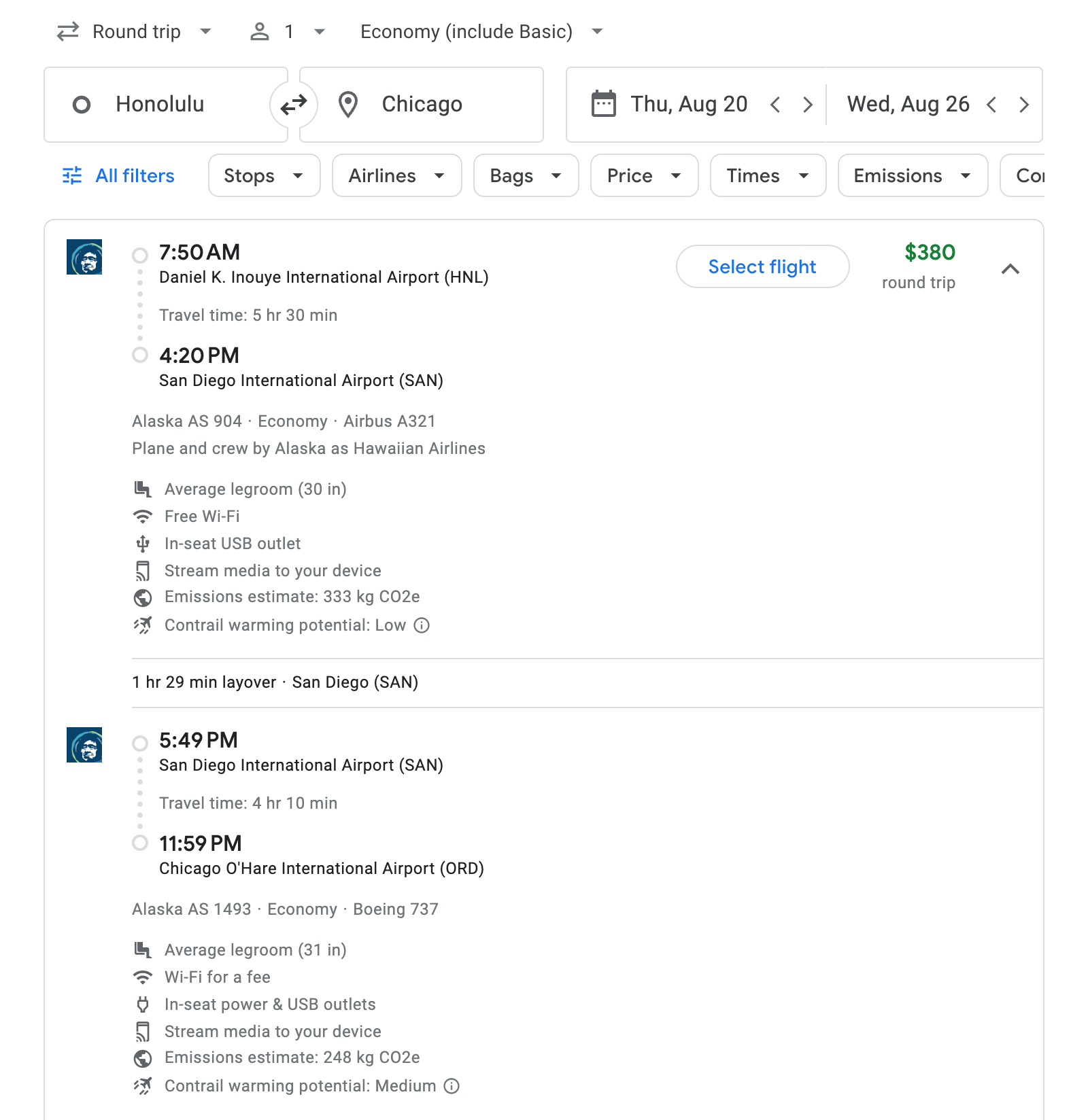 Flight options for Chicago