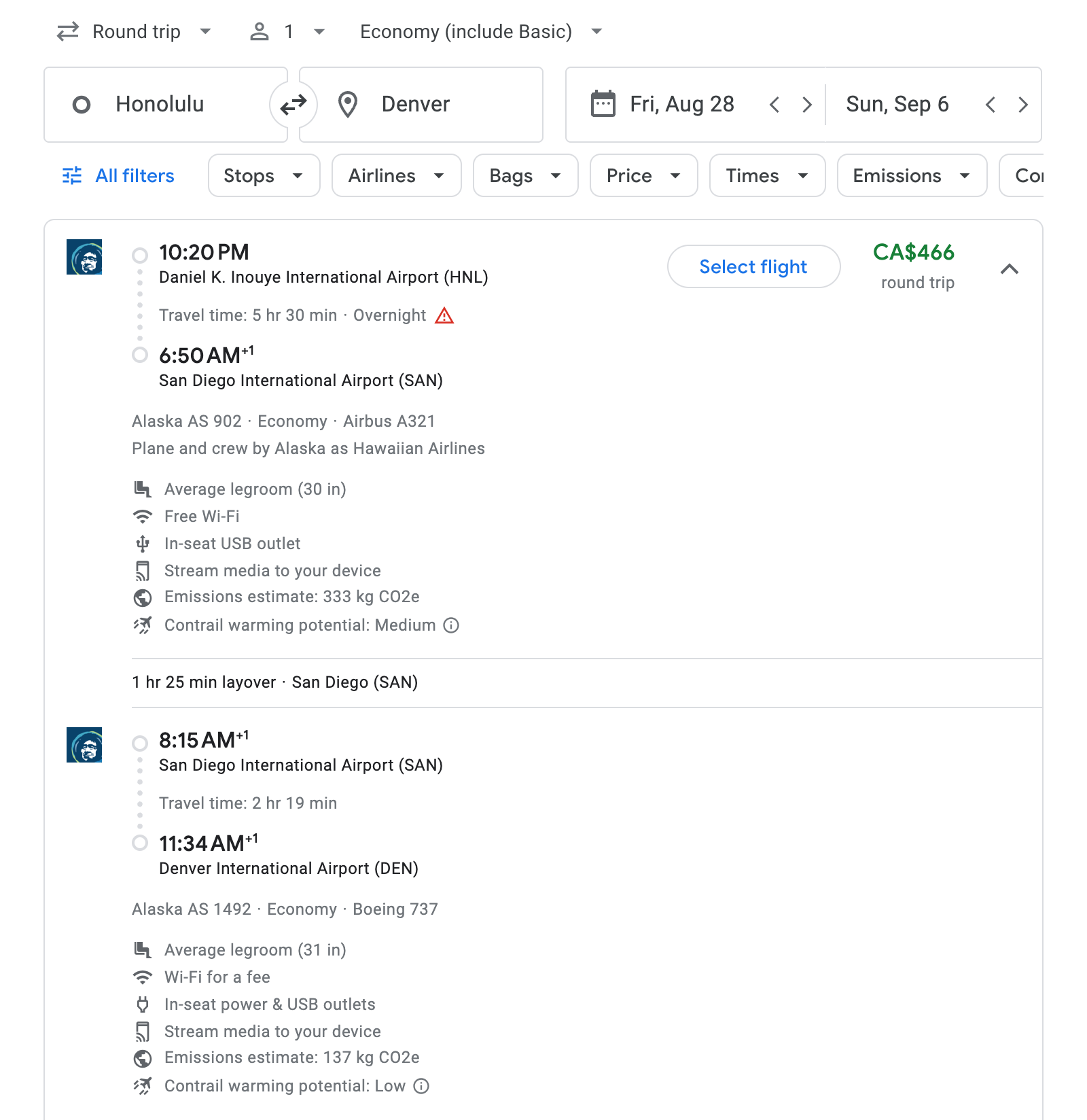 Flight options for Denver
