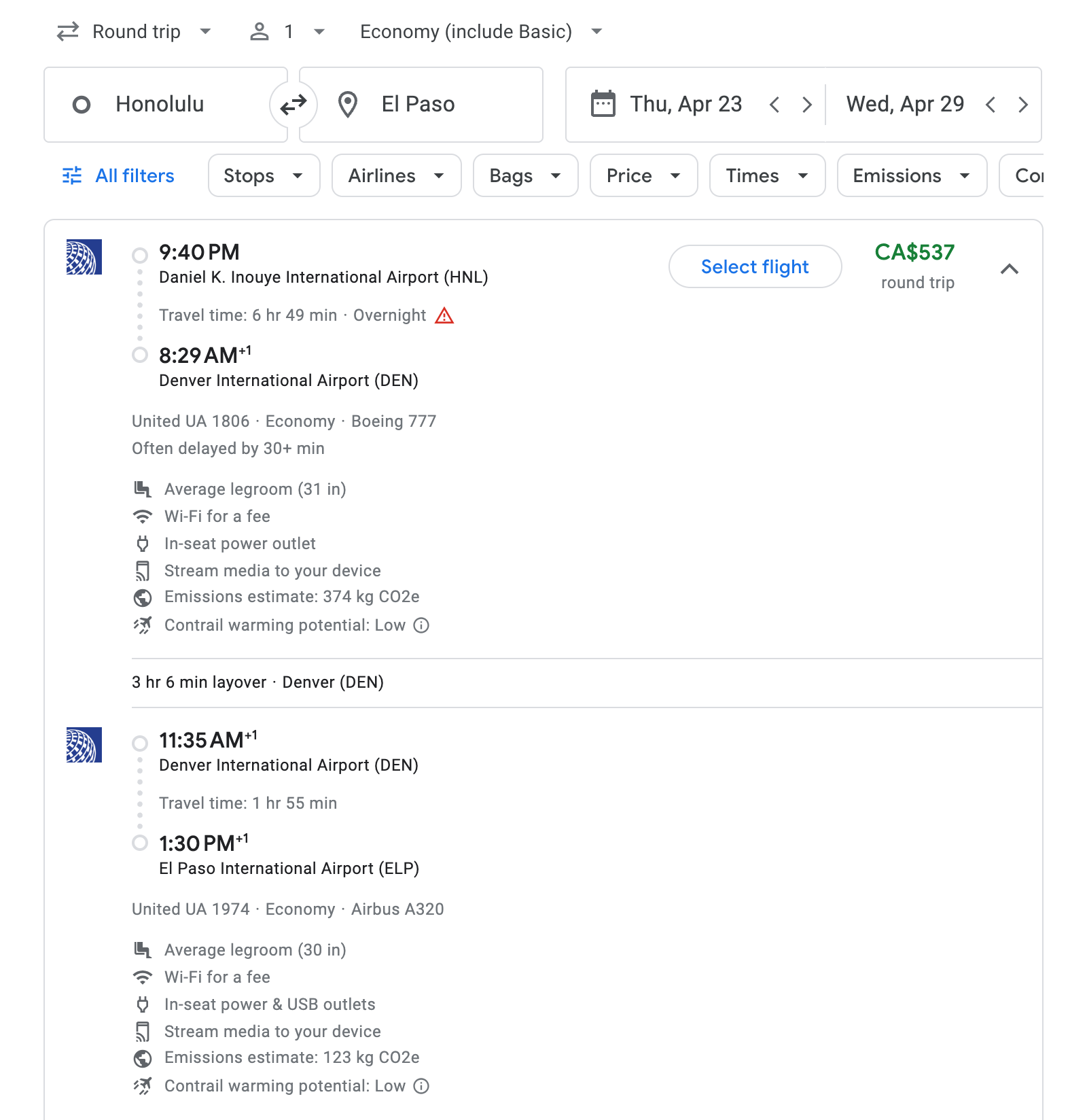 Flight options for El Paso