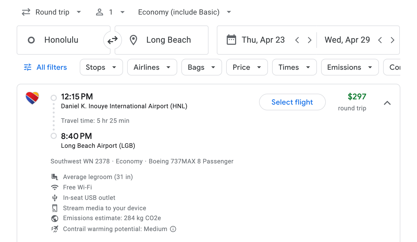 Flight options for Long Beach
