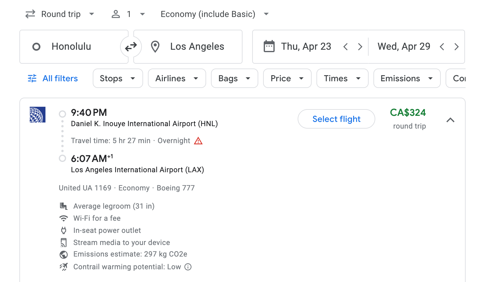 Flight options for Los Angeles