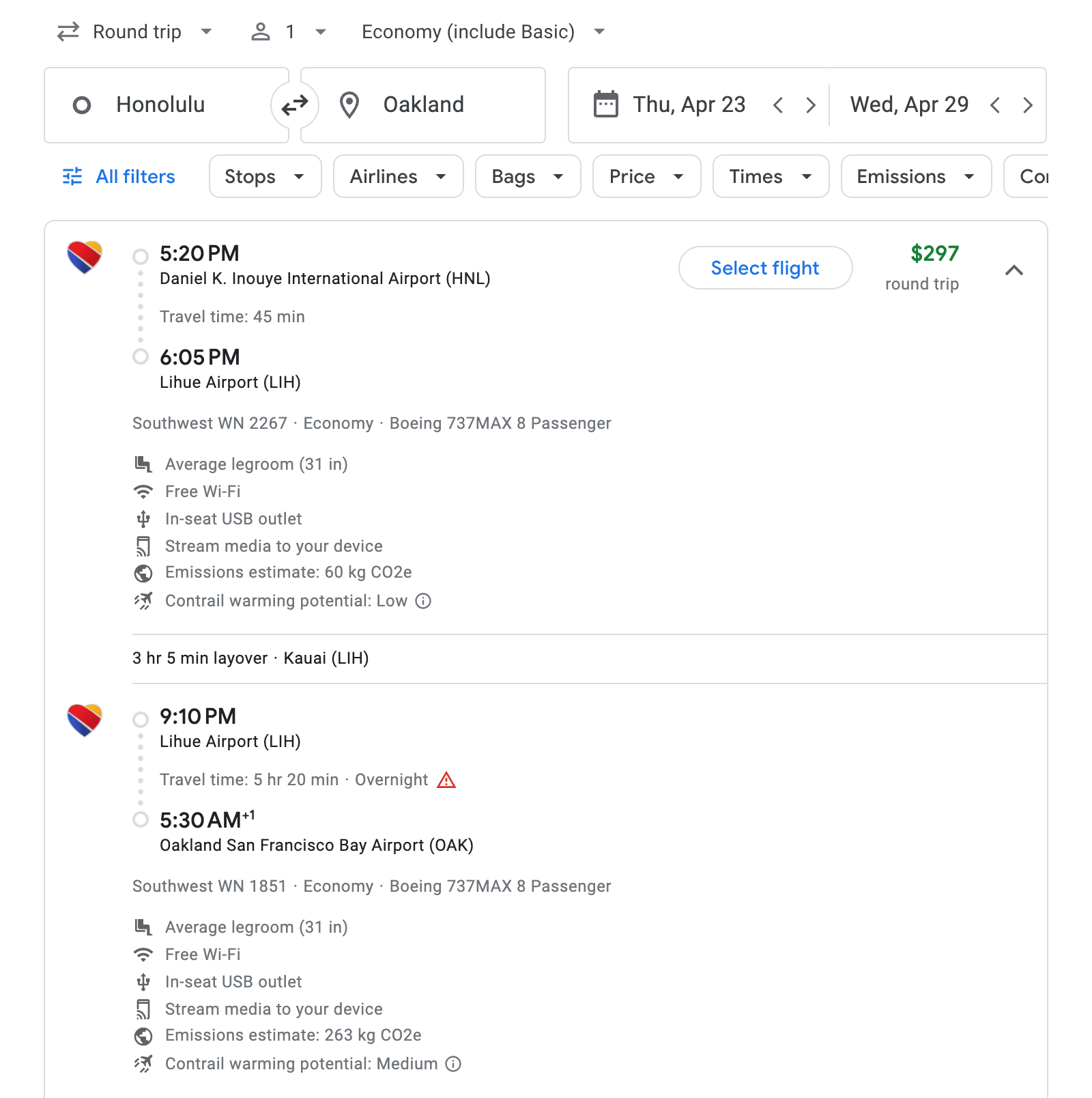Flight options for Oakland