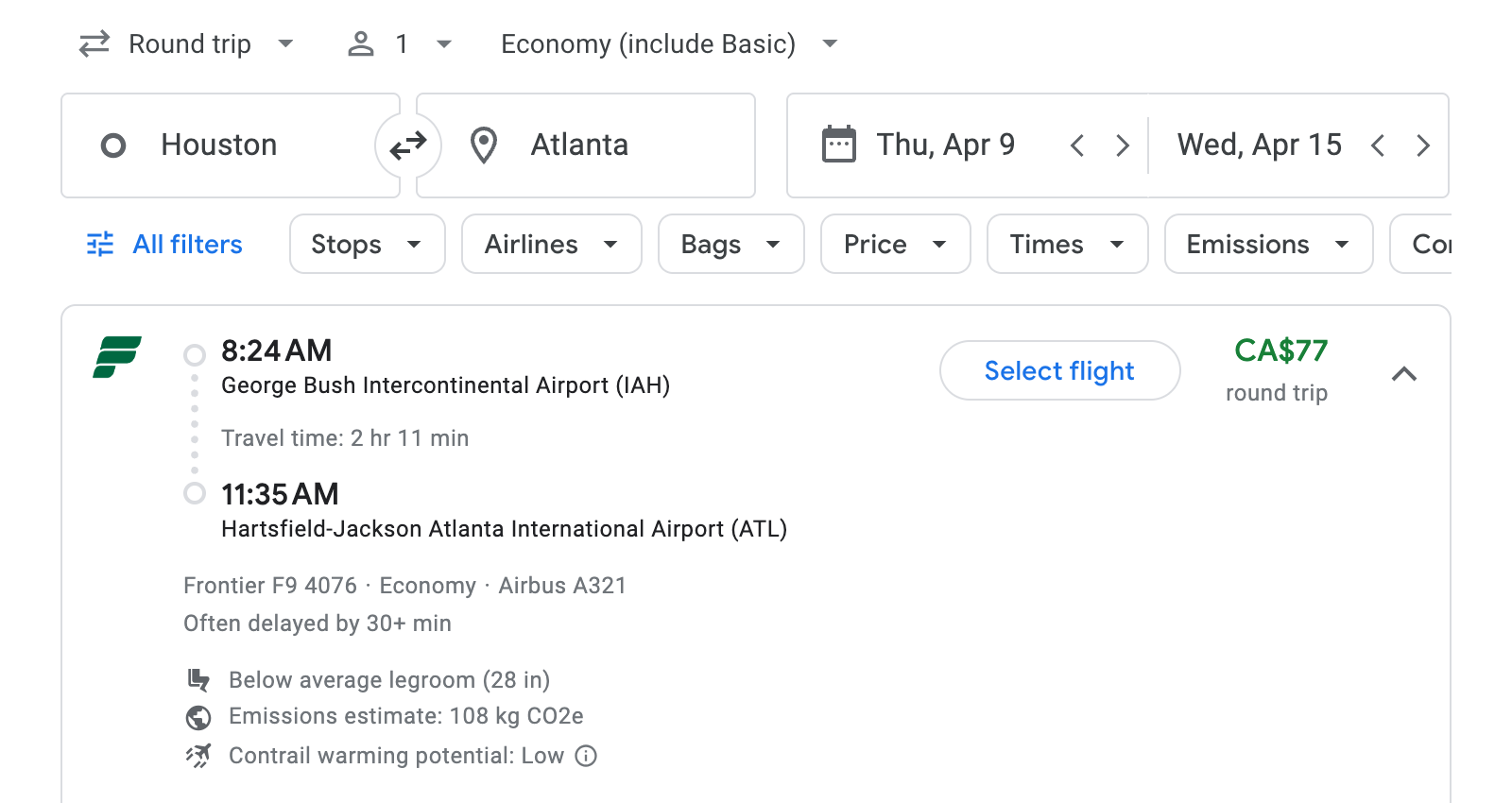 Flight options for Atlanta