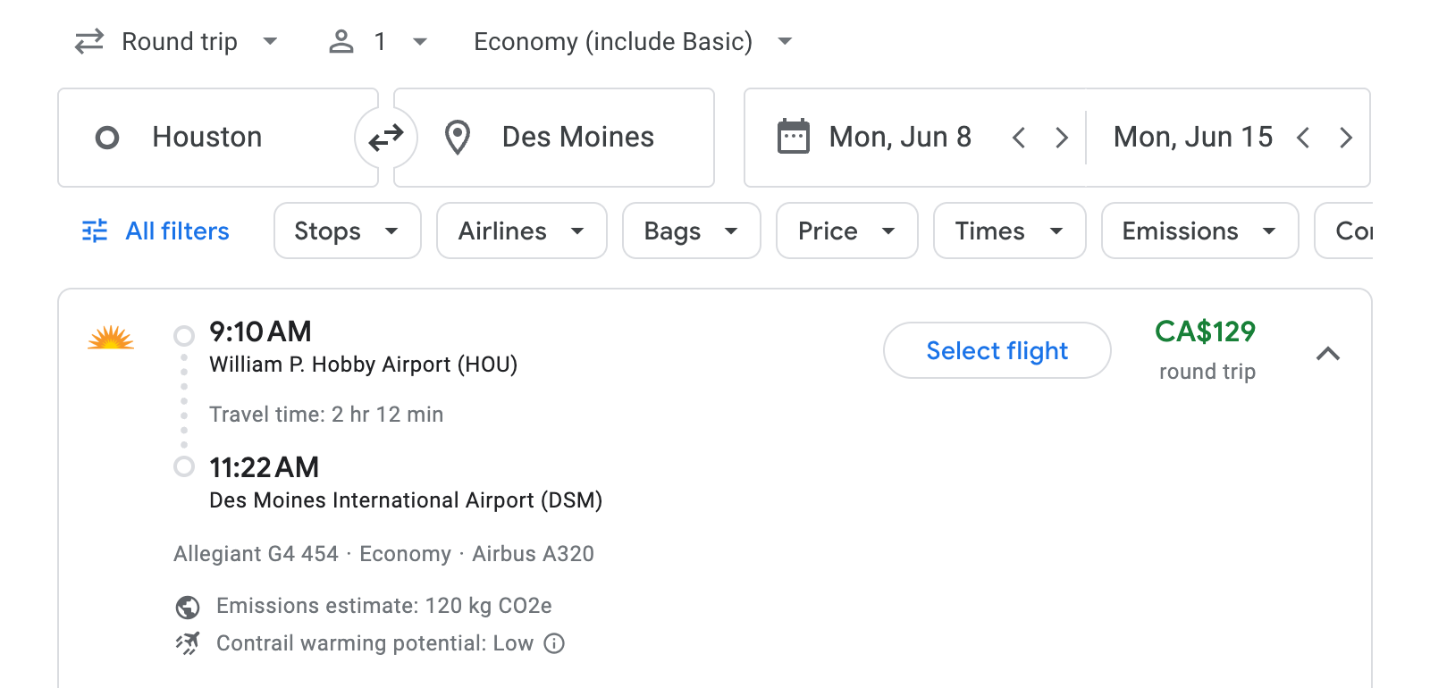 Flight options for Des Moines