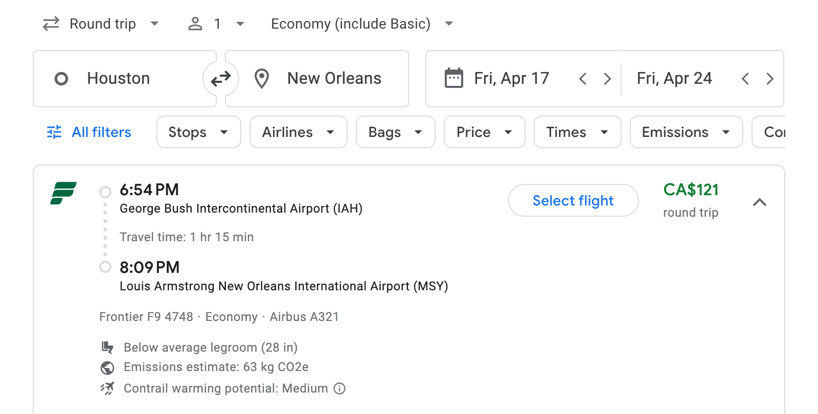 Flight options for New Orleans