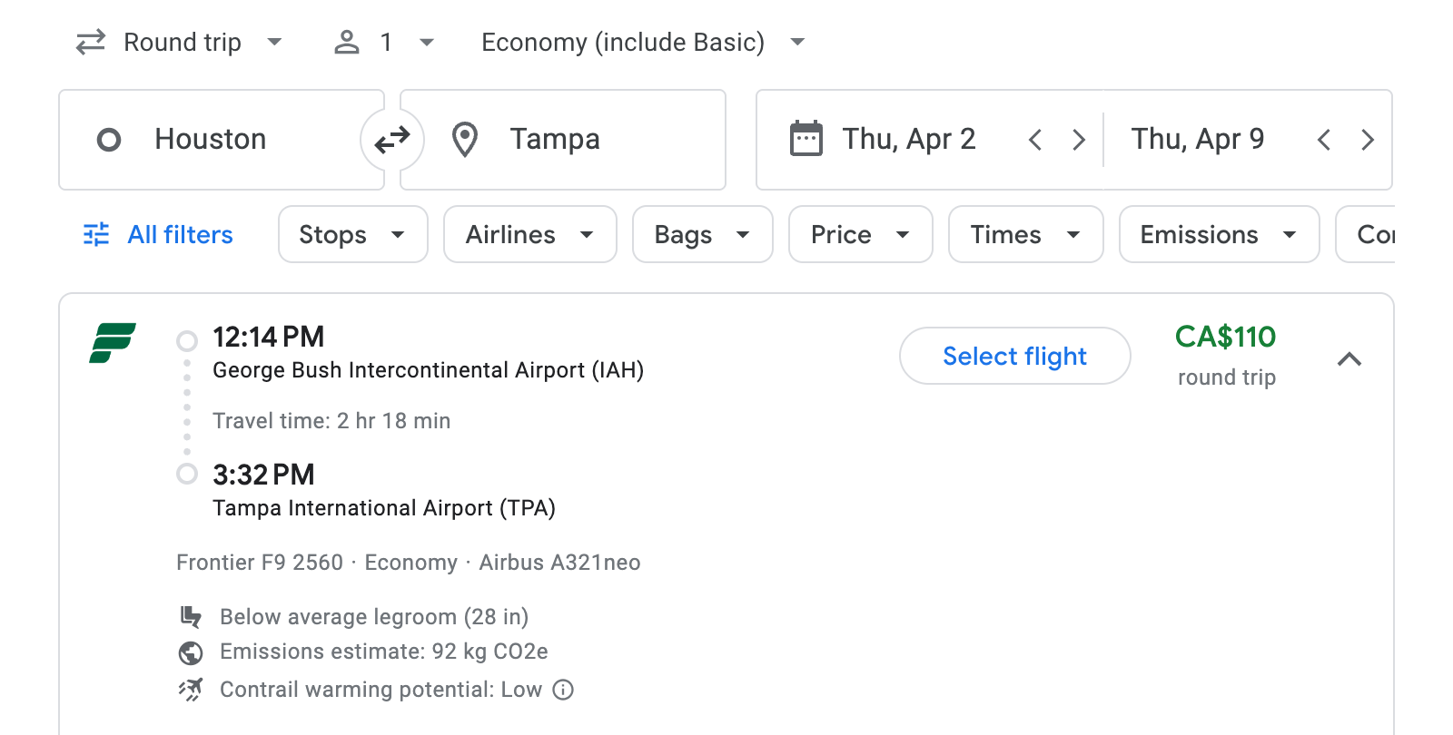 Flight options for Tampa