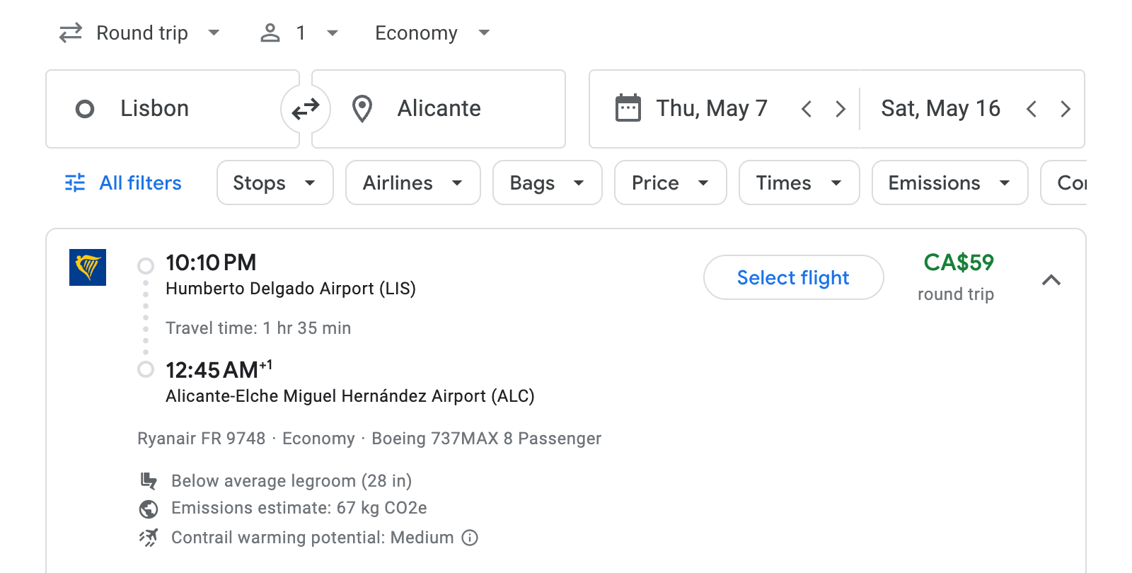 Flight options for Alicante