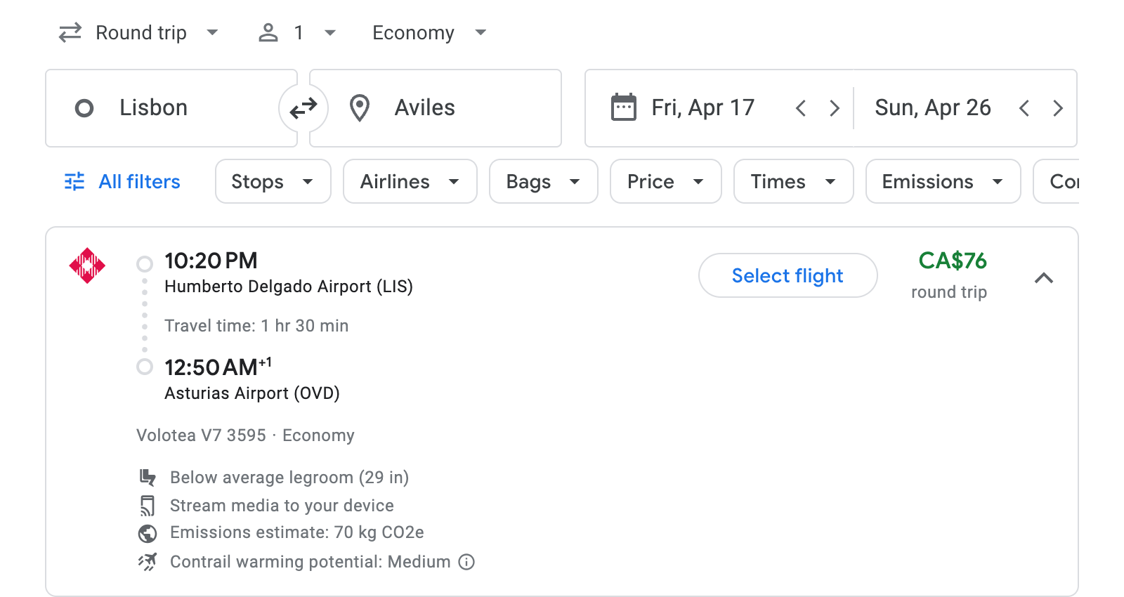 Flight options for Aviles