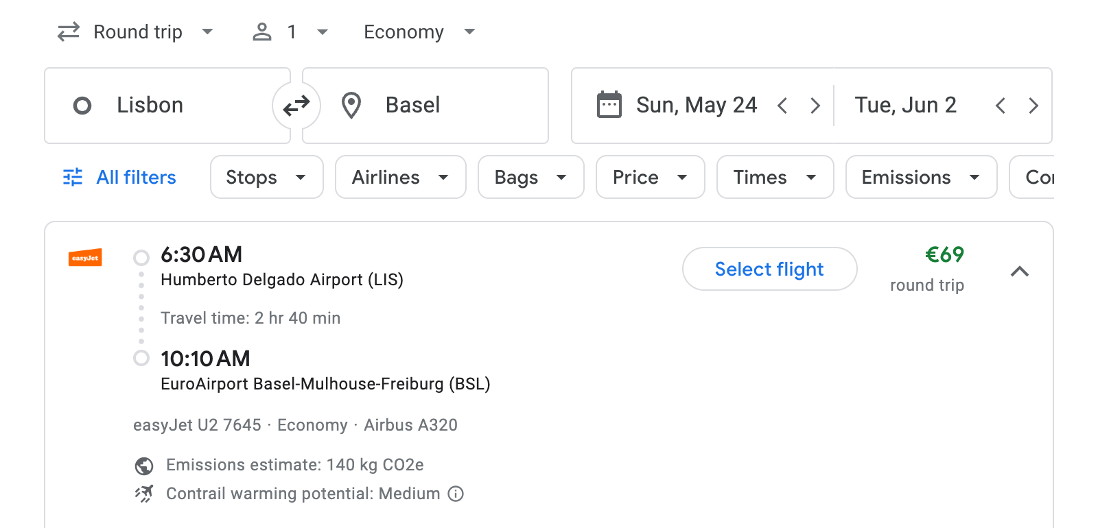 Flight options for Basel