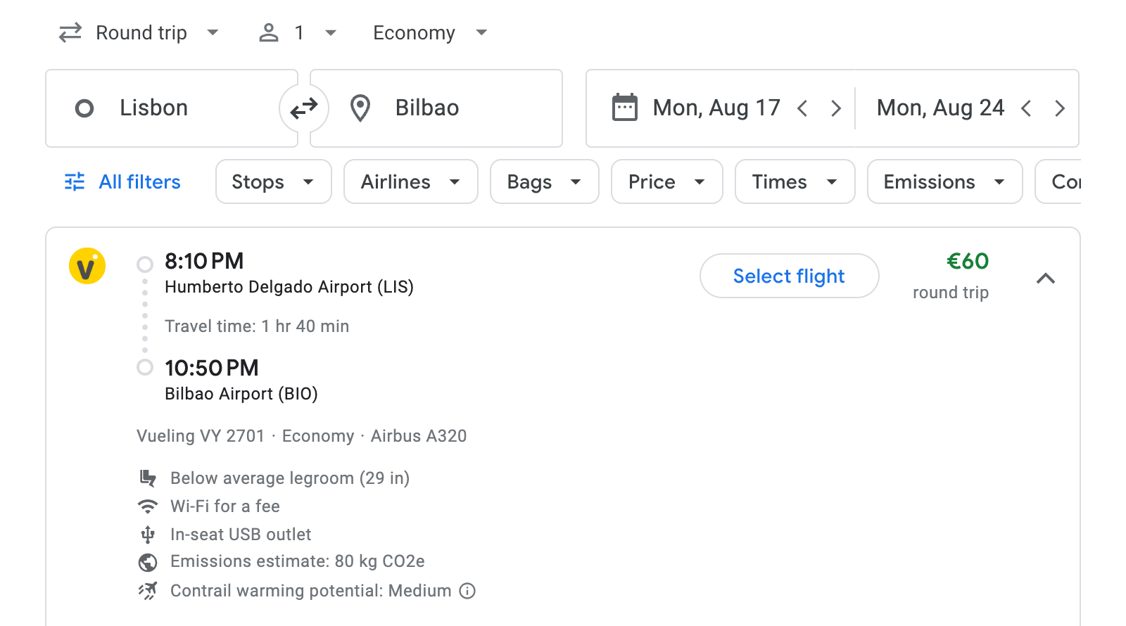 Flight options for Bilbao