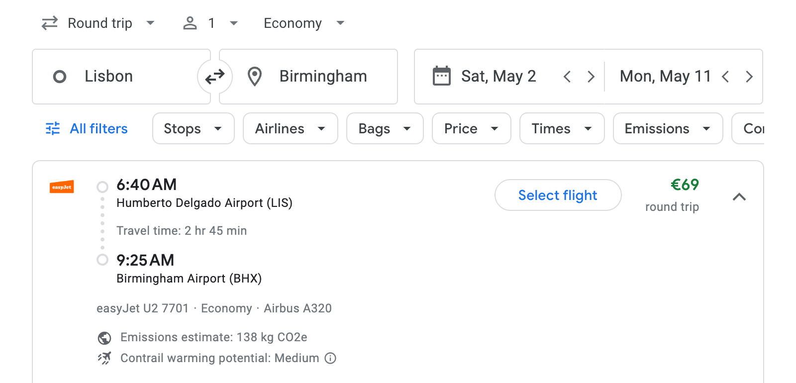 Flight options for Birmingham