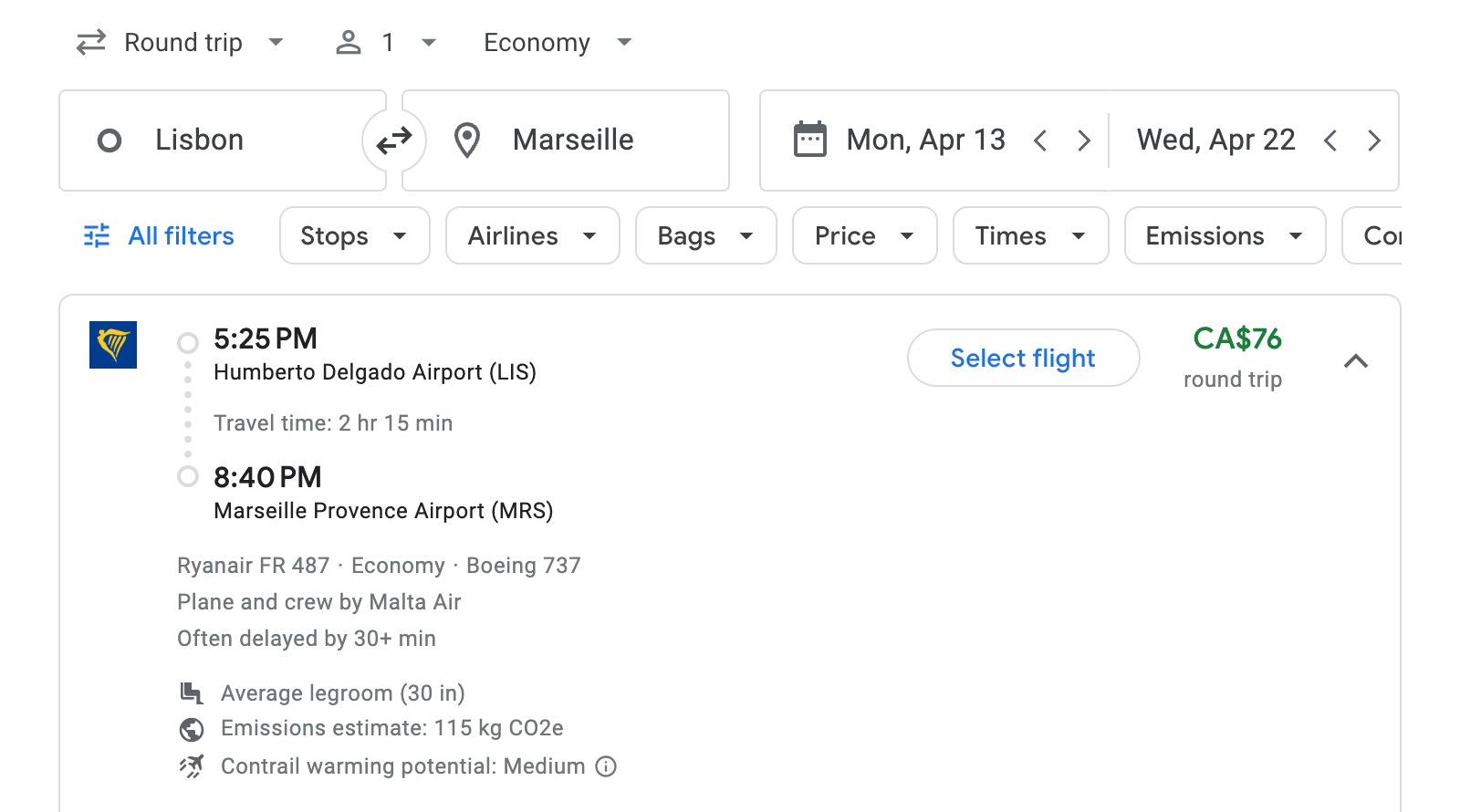 Flight options for Marseille