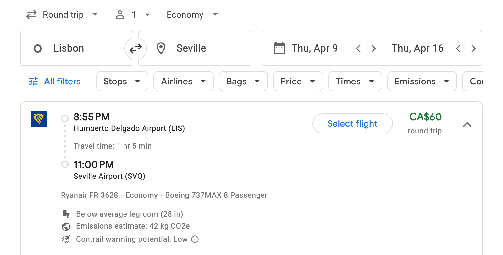 Flight options for Seville
