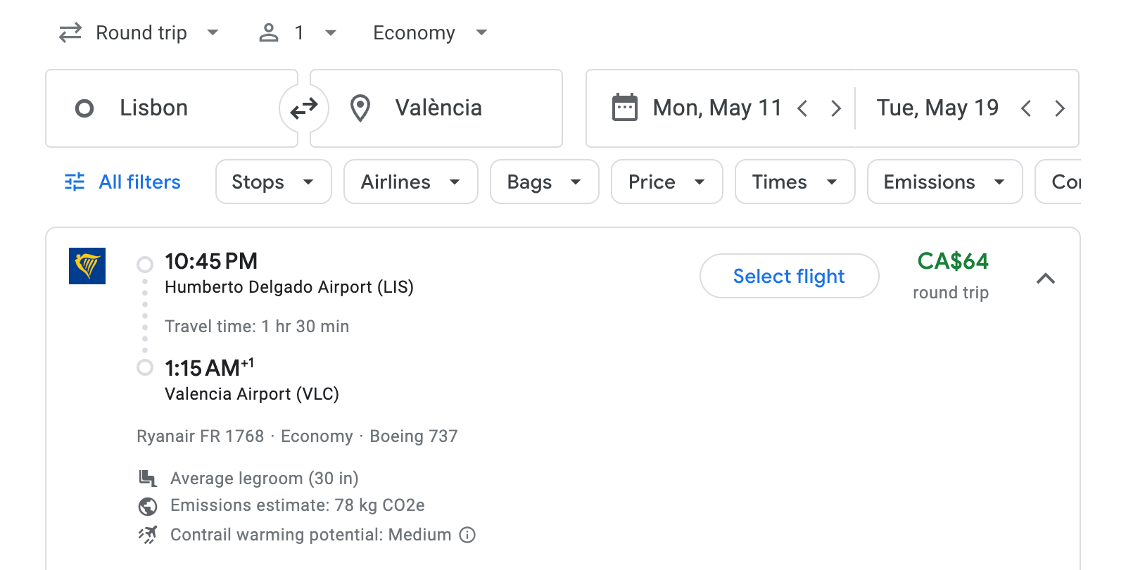 Flight options for València