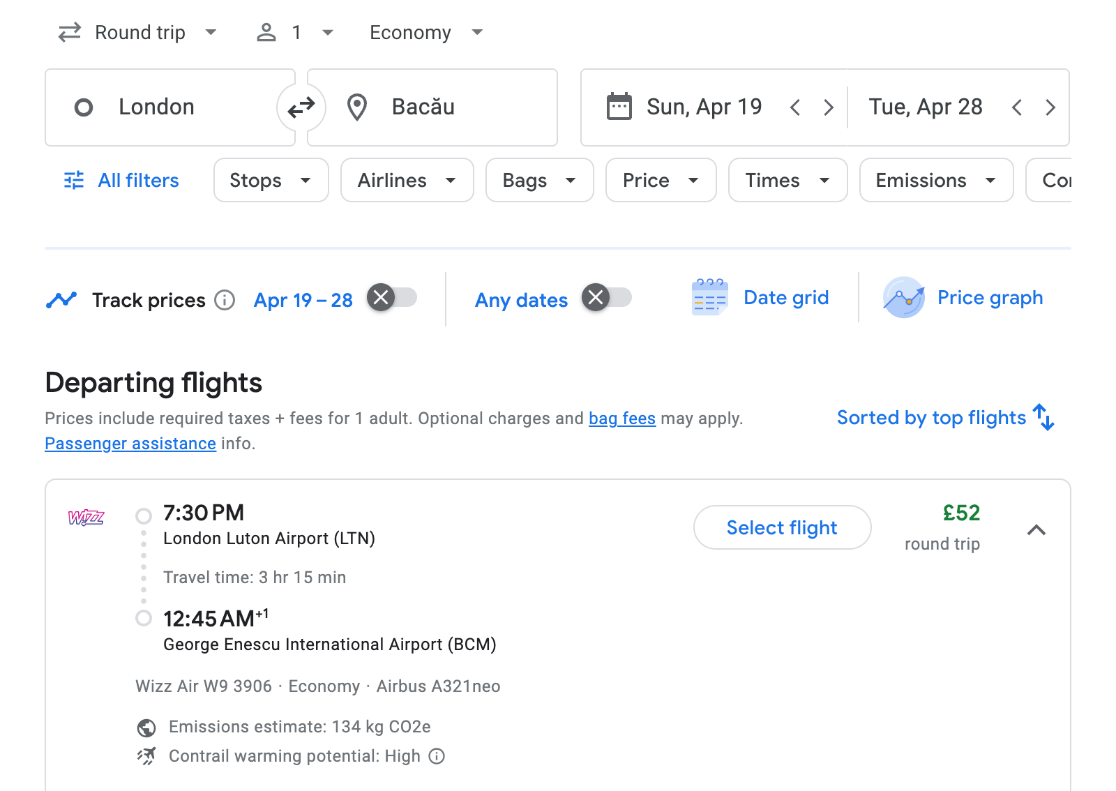 Flight options for Bacău
