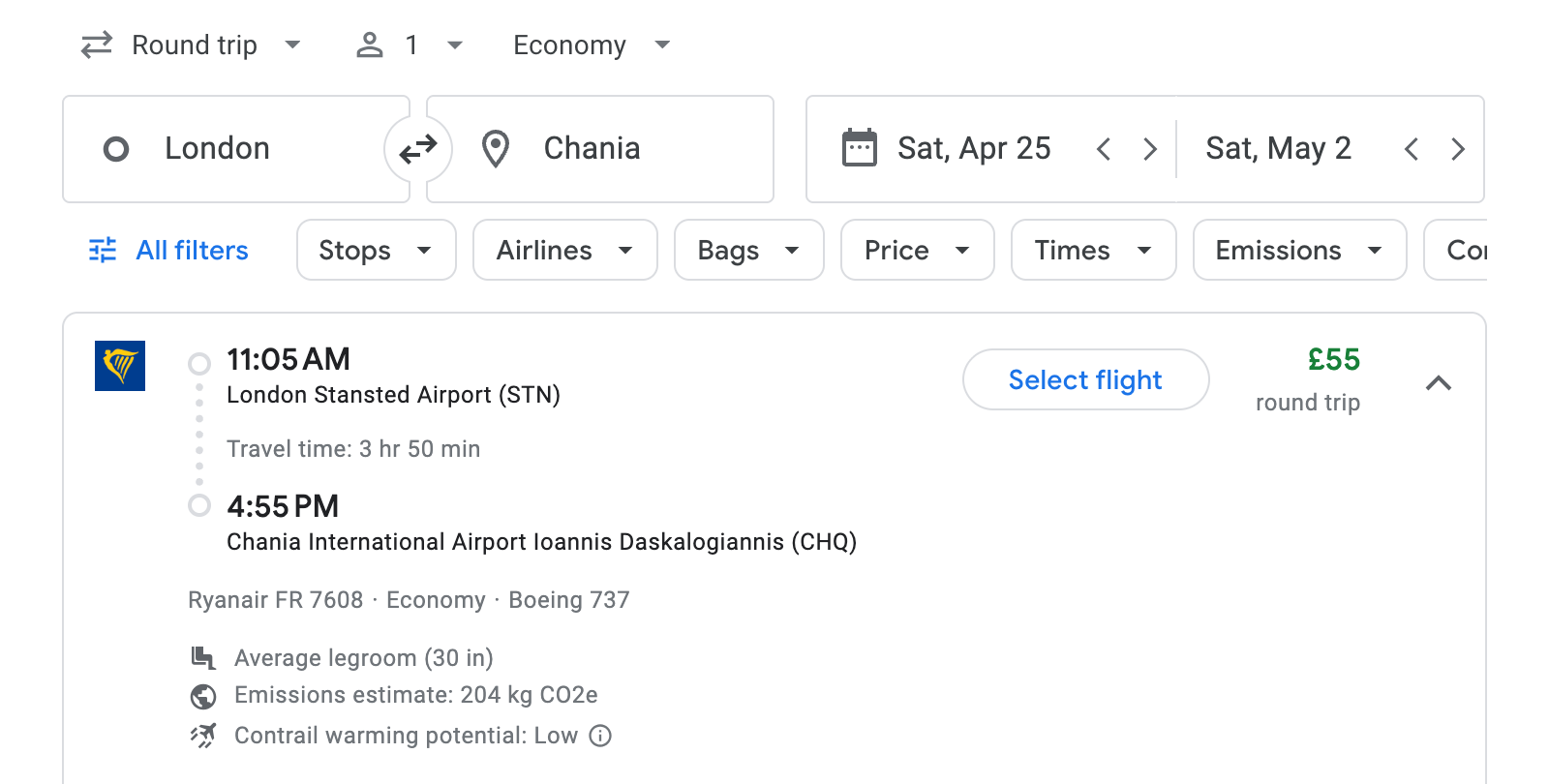 Flight options for Chania