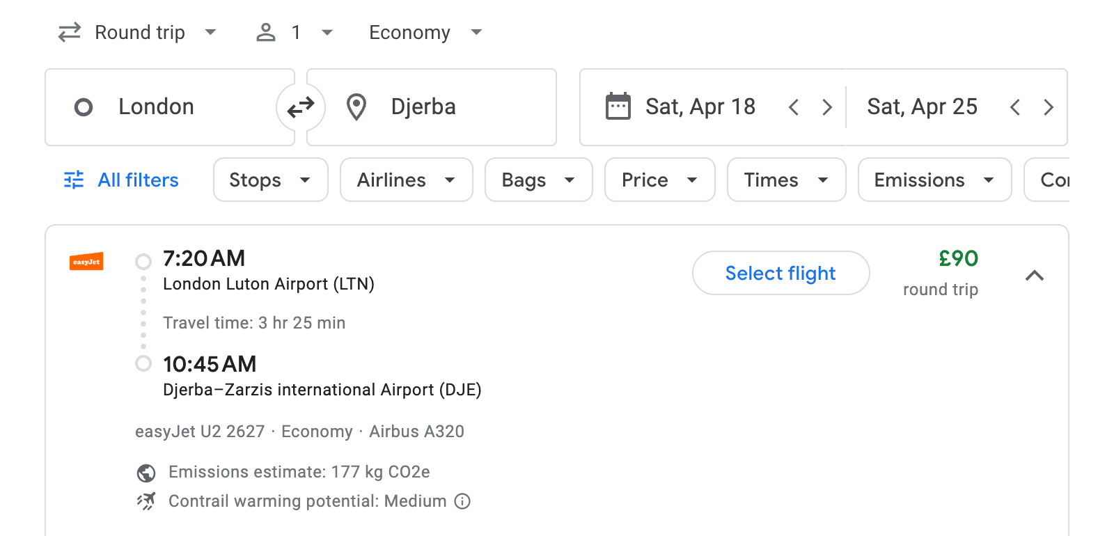 Flight options for Djerba
