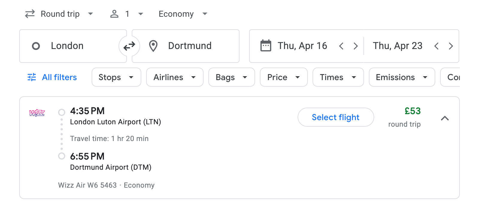 Flight options for Dortmund