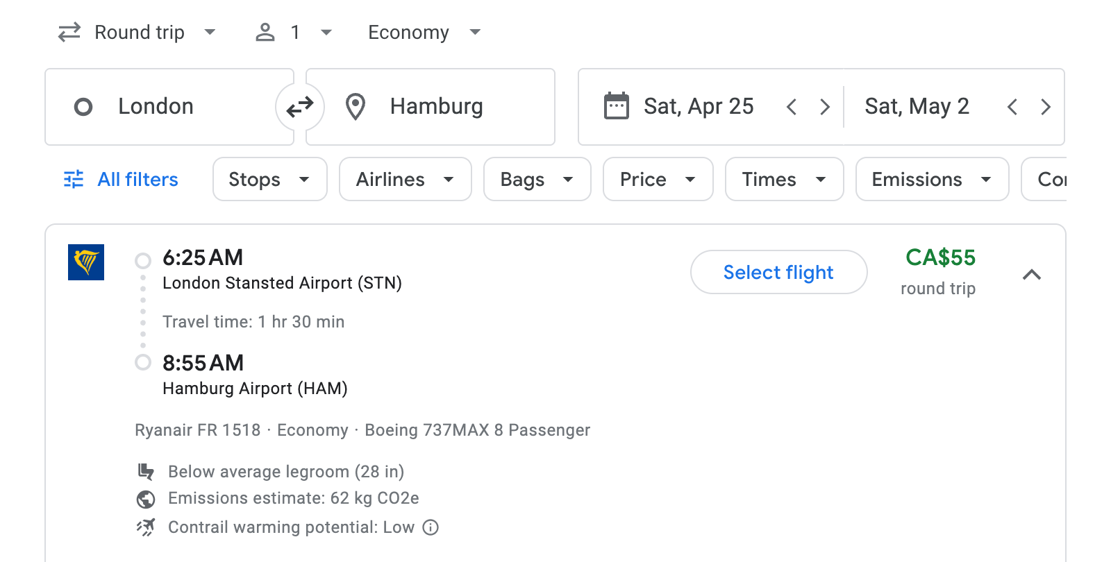 Flight options for Hamburg