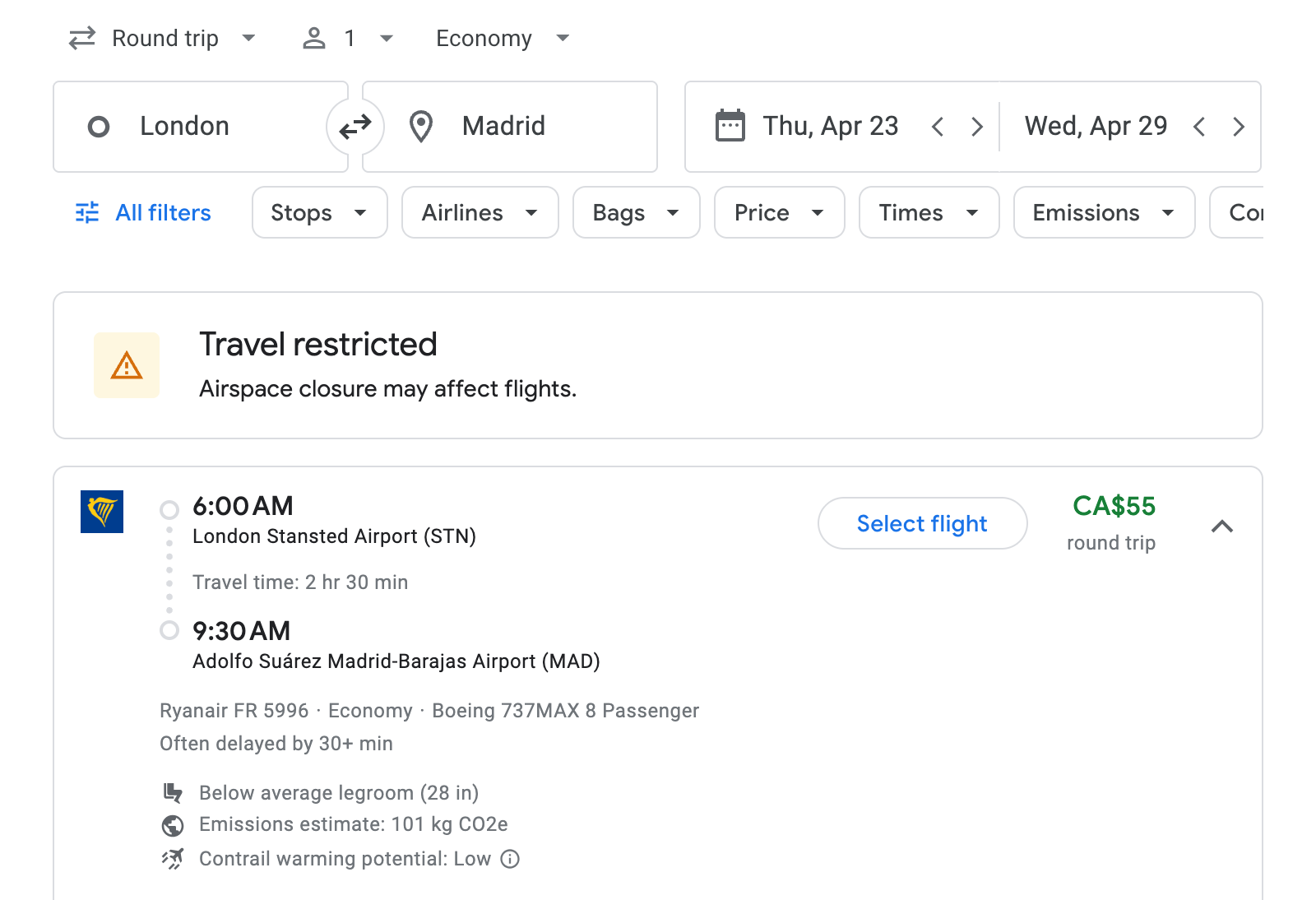 Flight options for Madrid