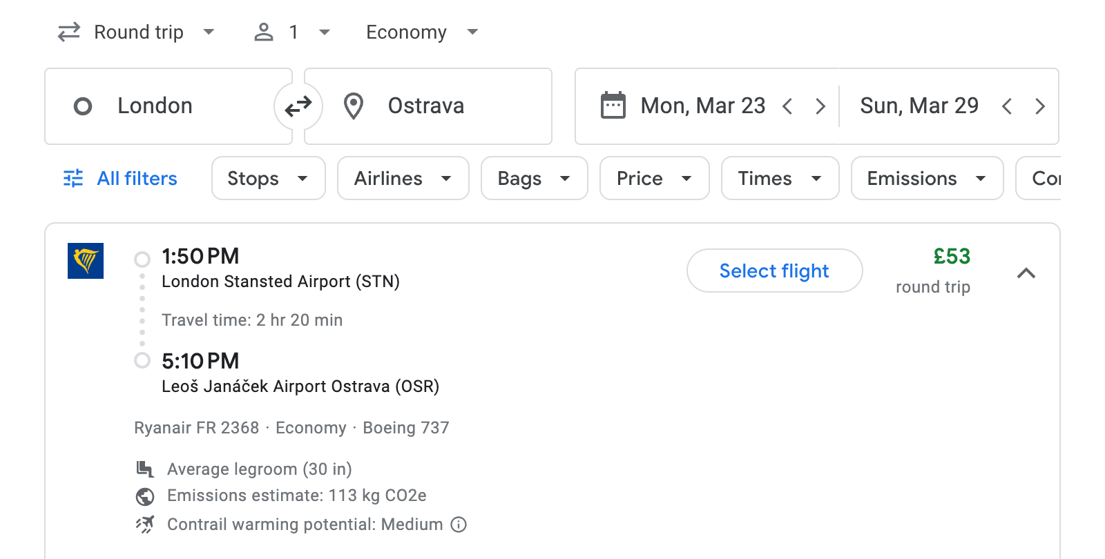Flight options for Ostrava