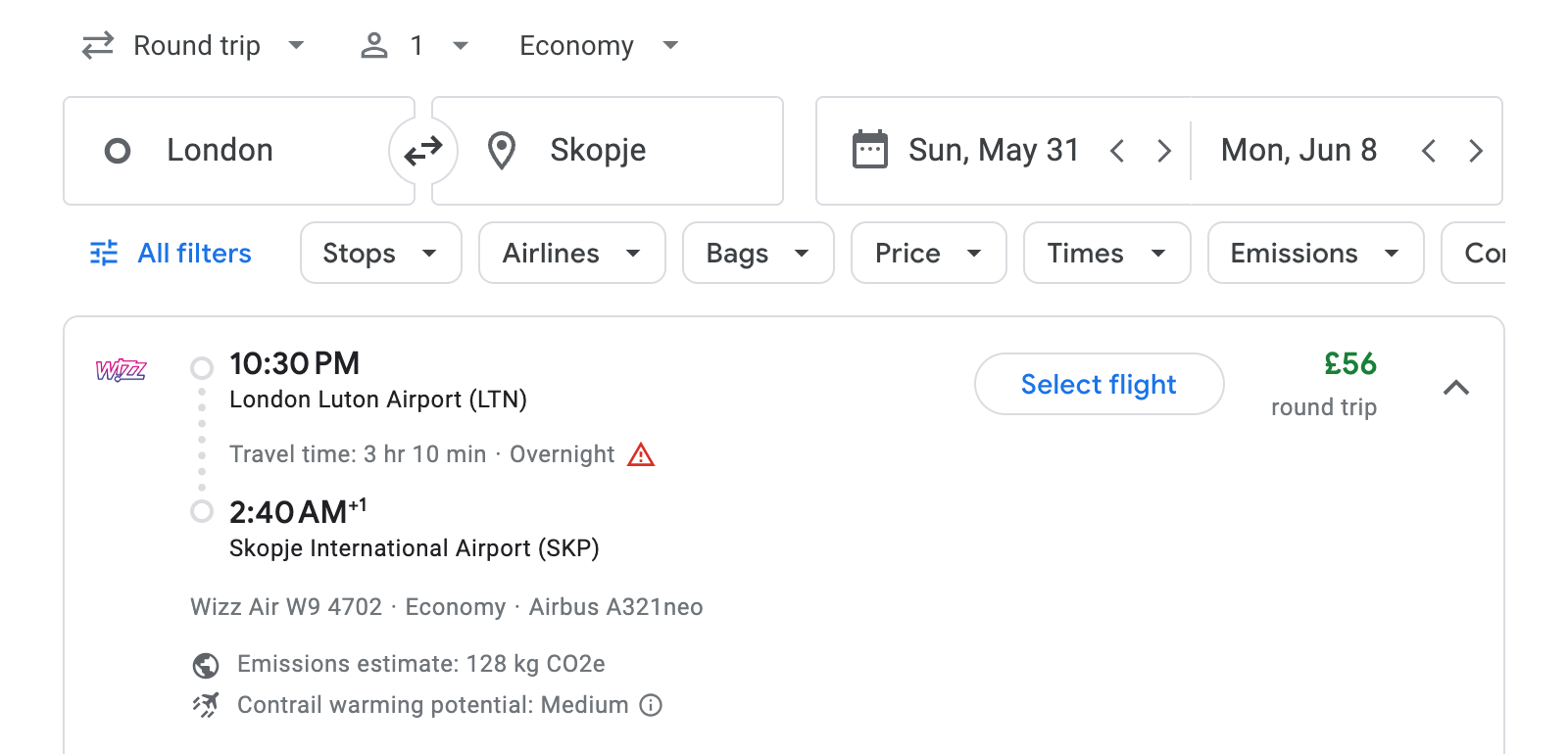 Flight options for Skopje