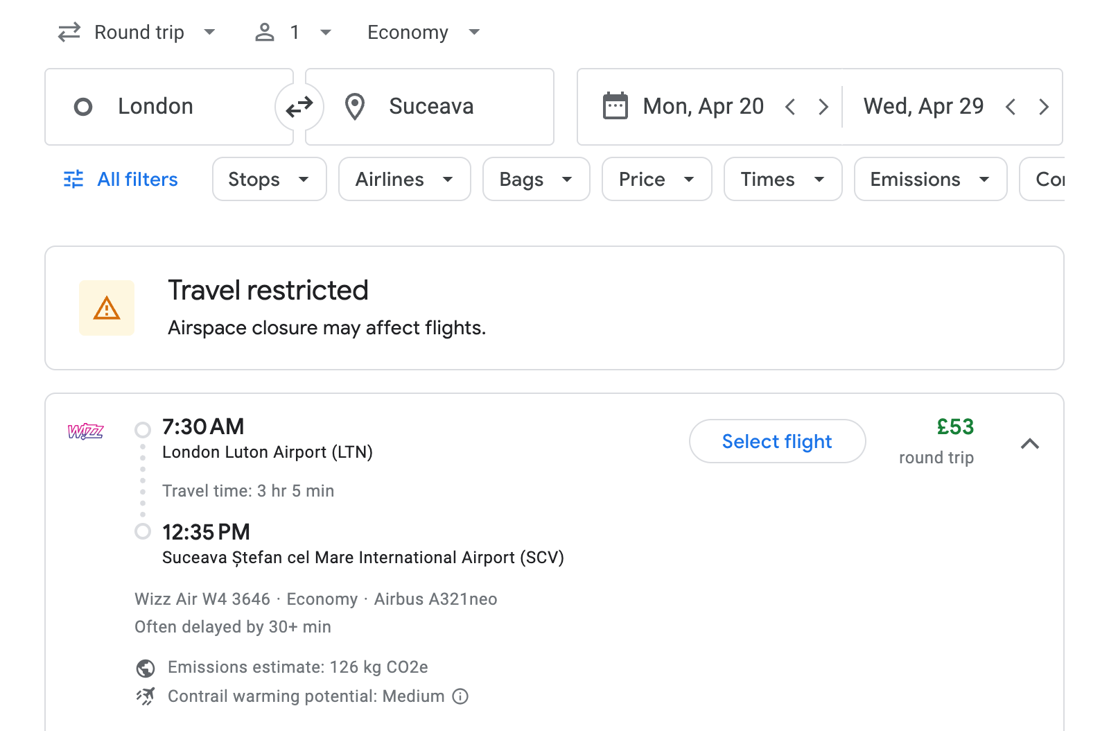 Flight options for Suceava