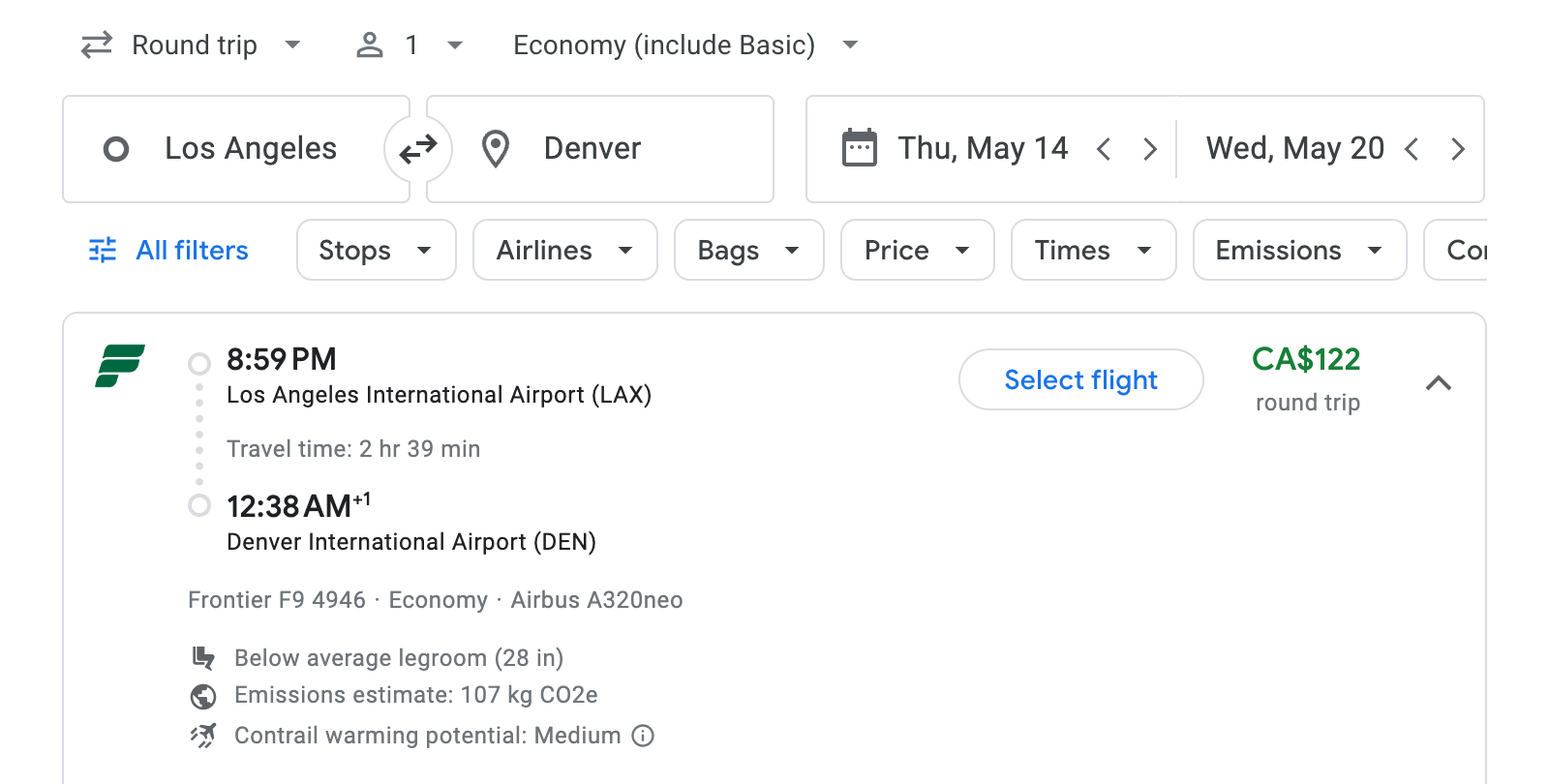 Flight options for Denver