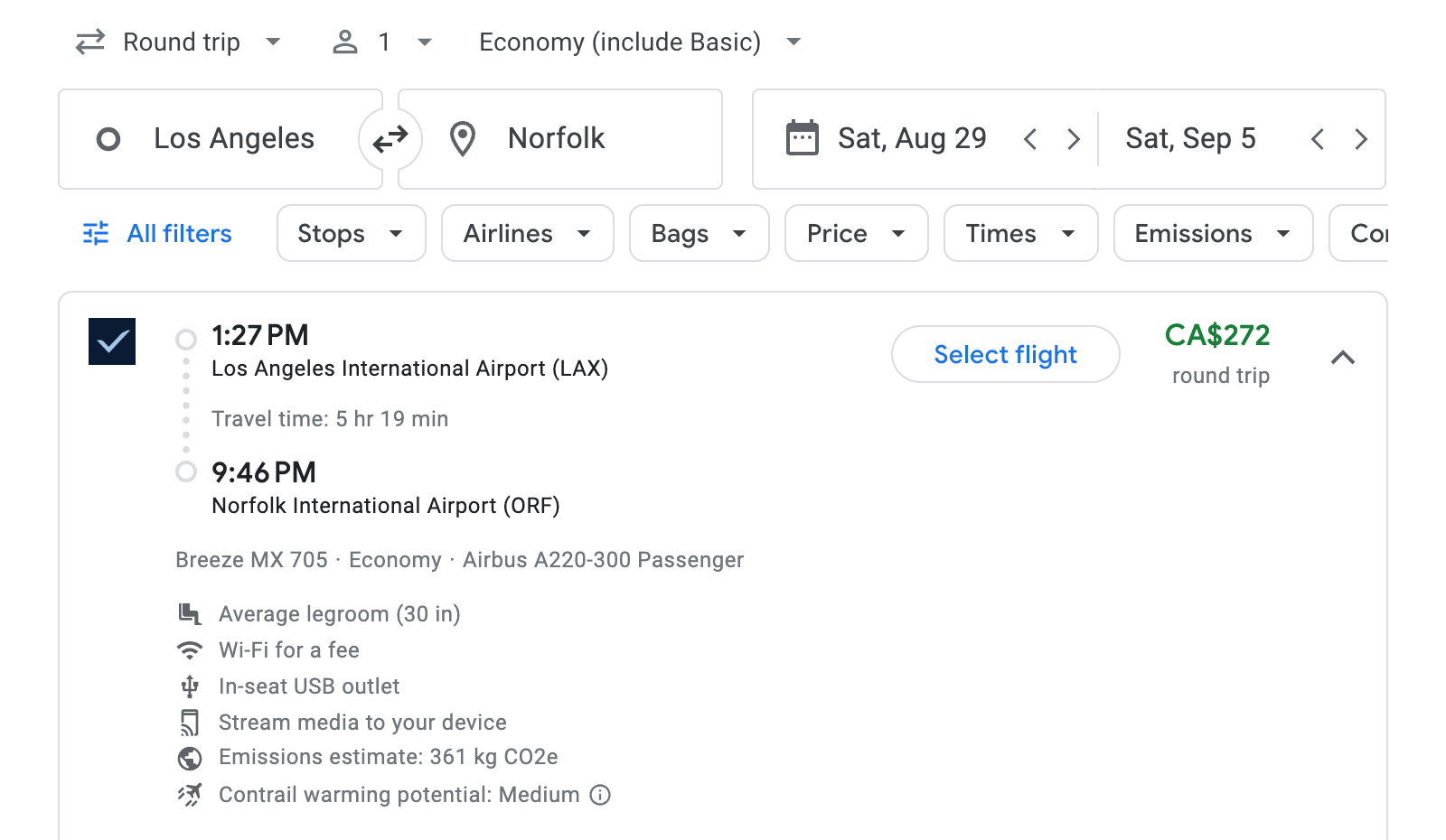 Flight options for Norfolk