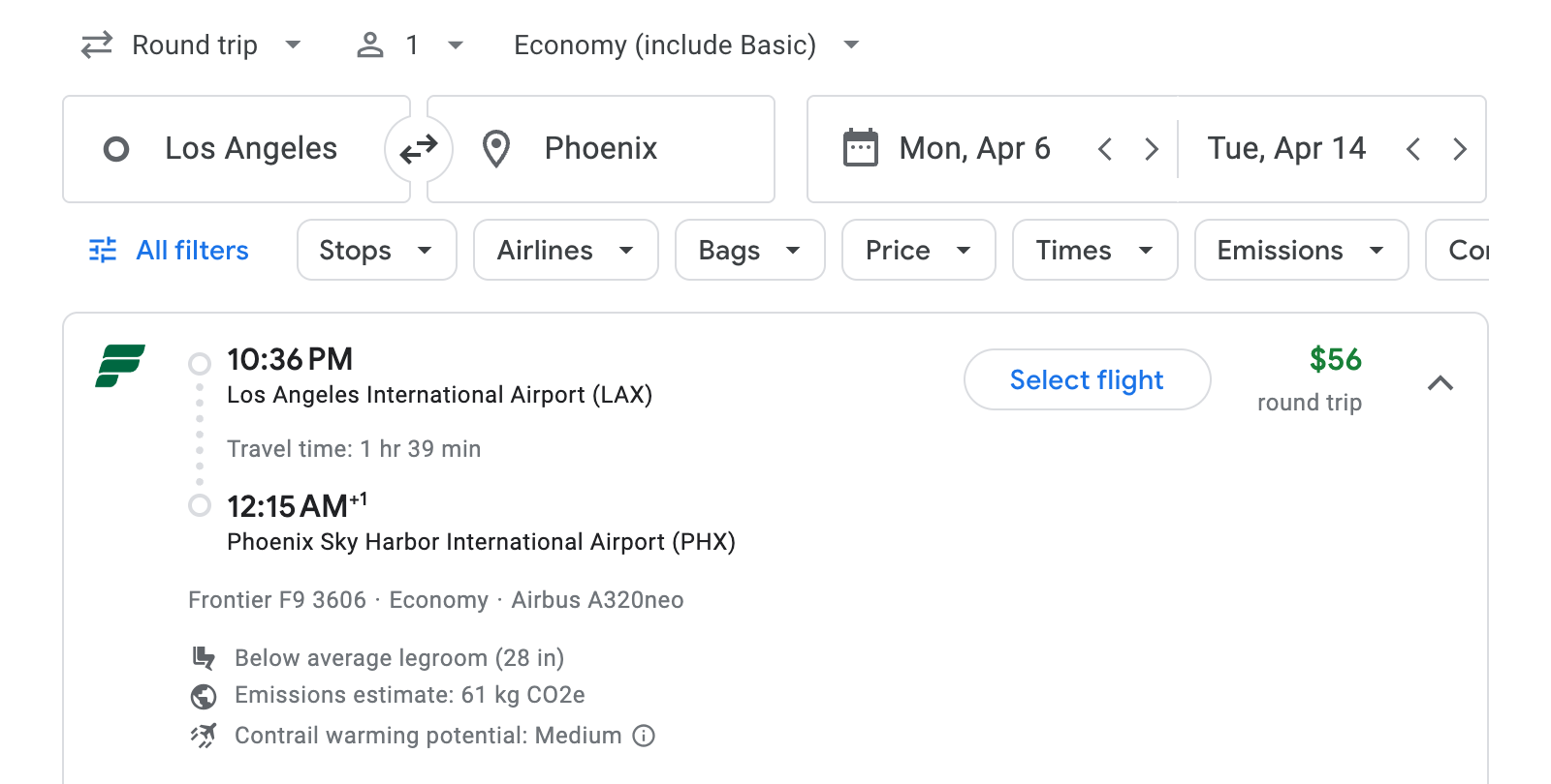 Flight options for Phoenix