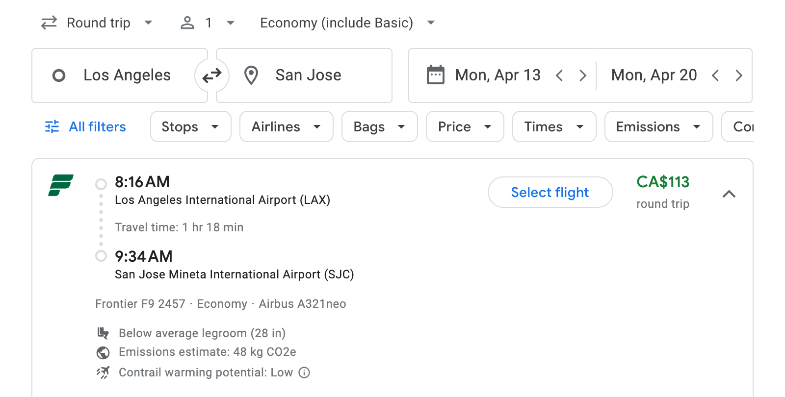 Flight options for San Jose