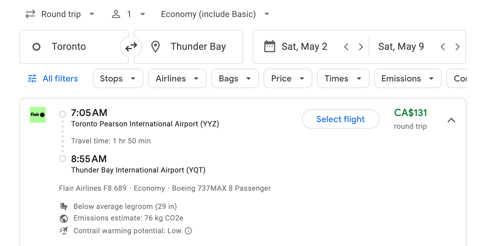 Flight options for Thunder Bay