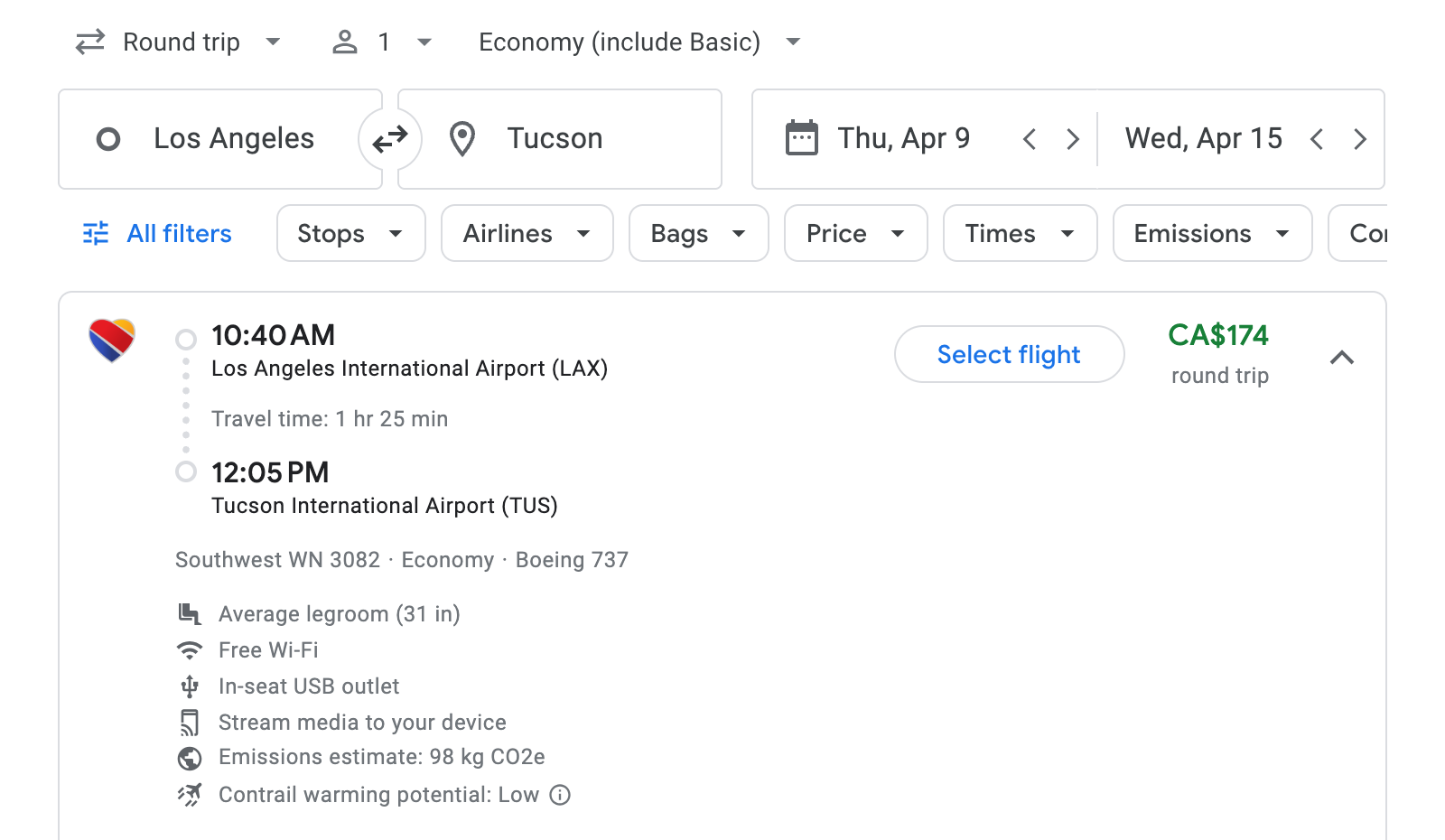 Flight options for Tucson