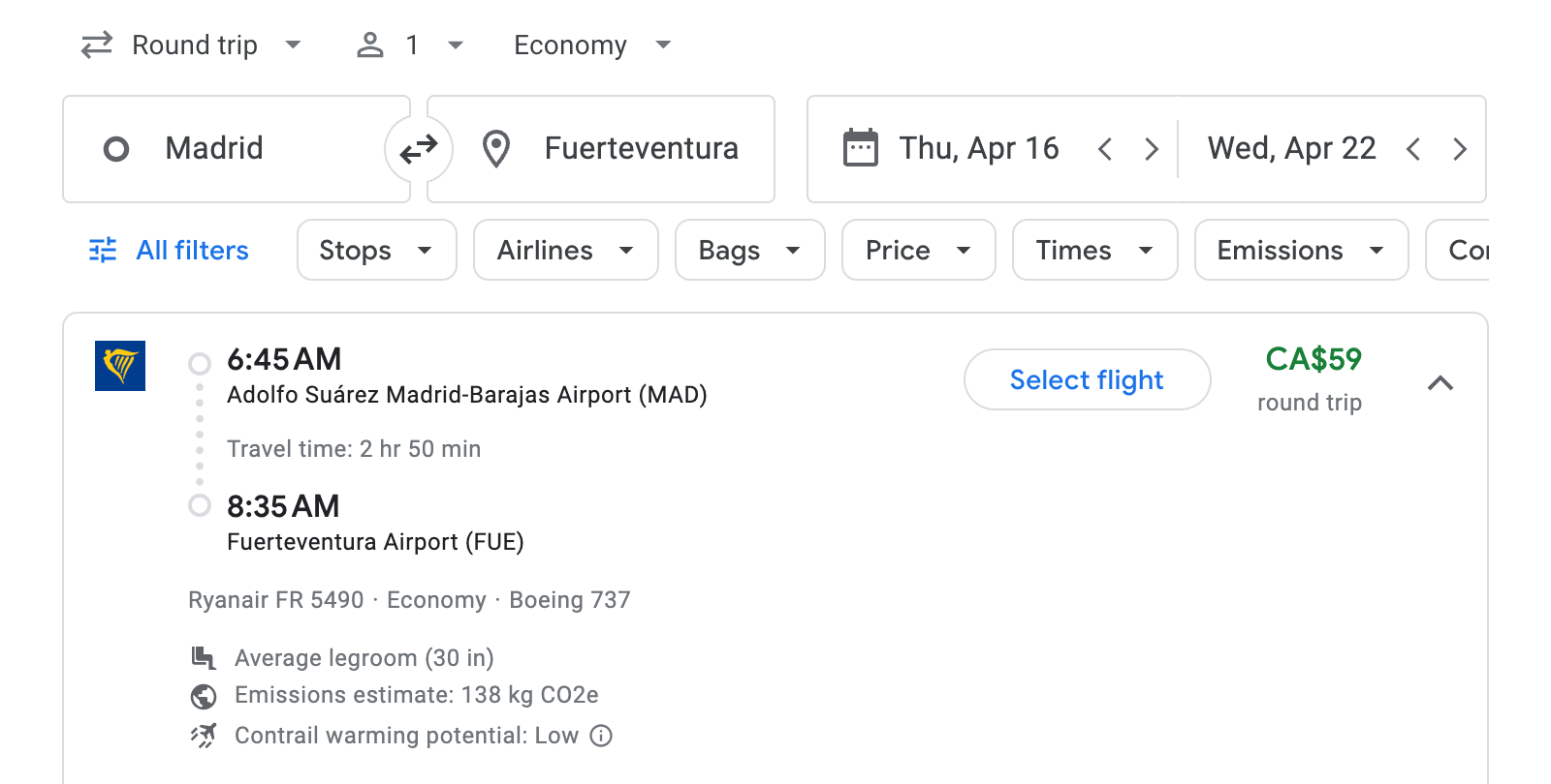 Flight options for Fuerteventura