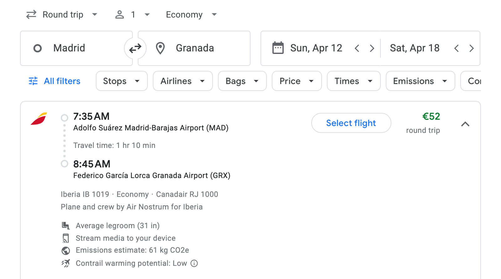 Flight options for Granada