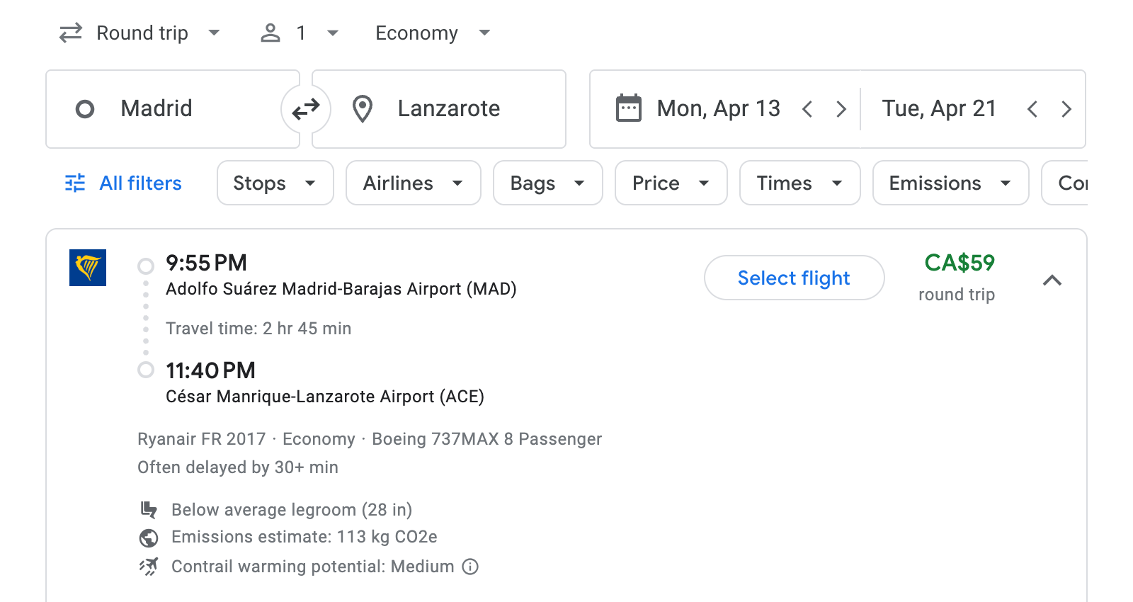 Flight options for Lanzarote