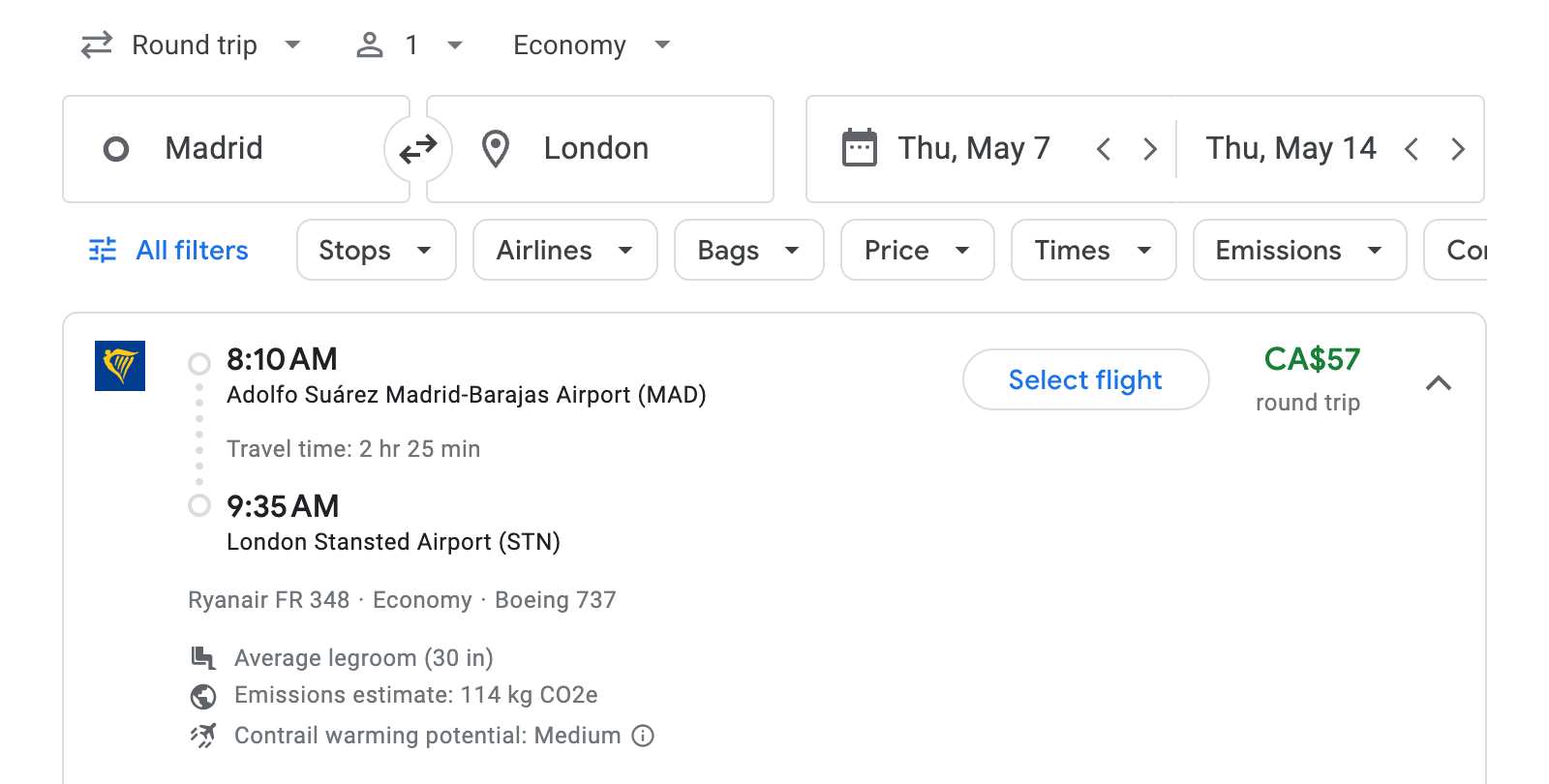 Flight options for London